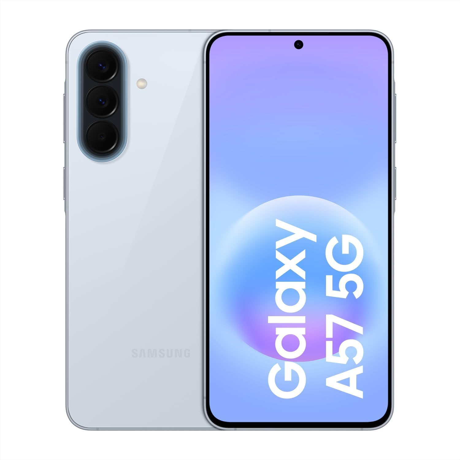 Ein hellblaues Samsung Galaxy A57 5G Smartphone mit drei Kameralinsen auf der Rückseite.