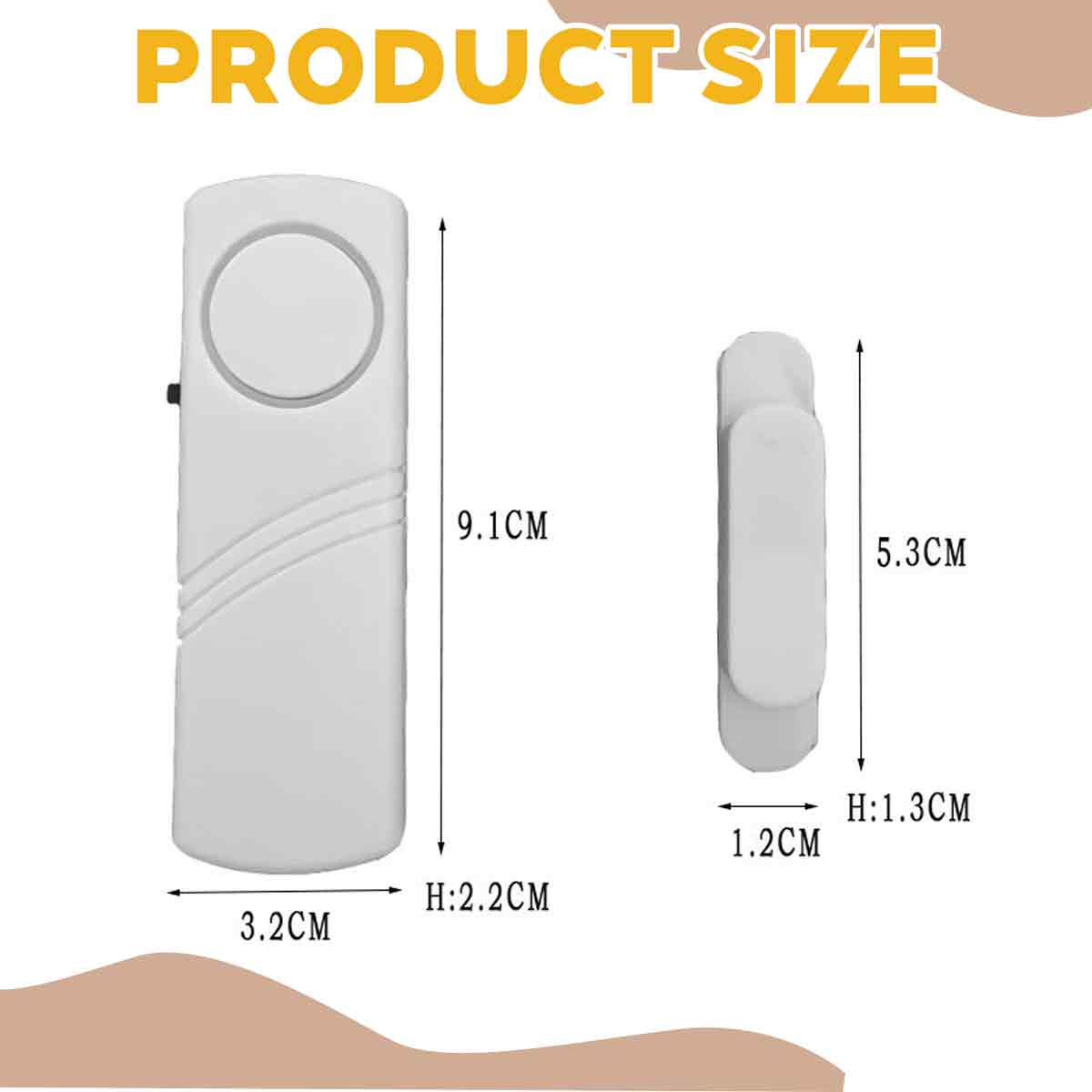 Produktgrößen-Diagramm mit zwei weißen Geräten und Maßen.