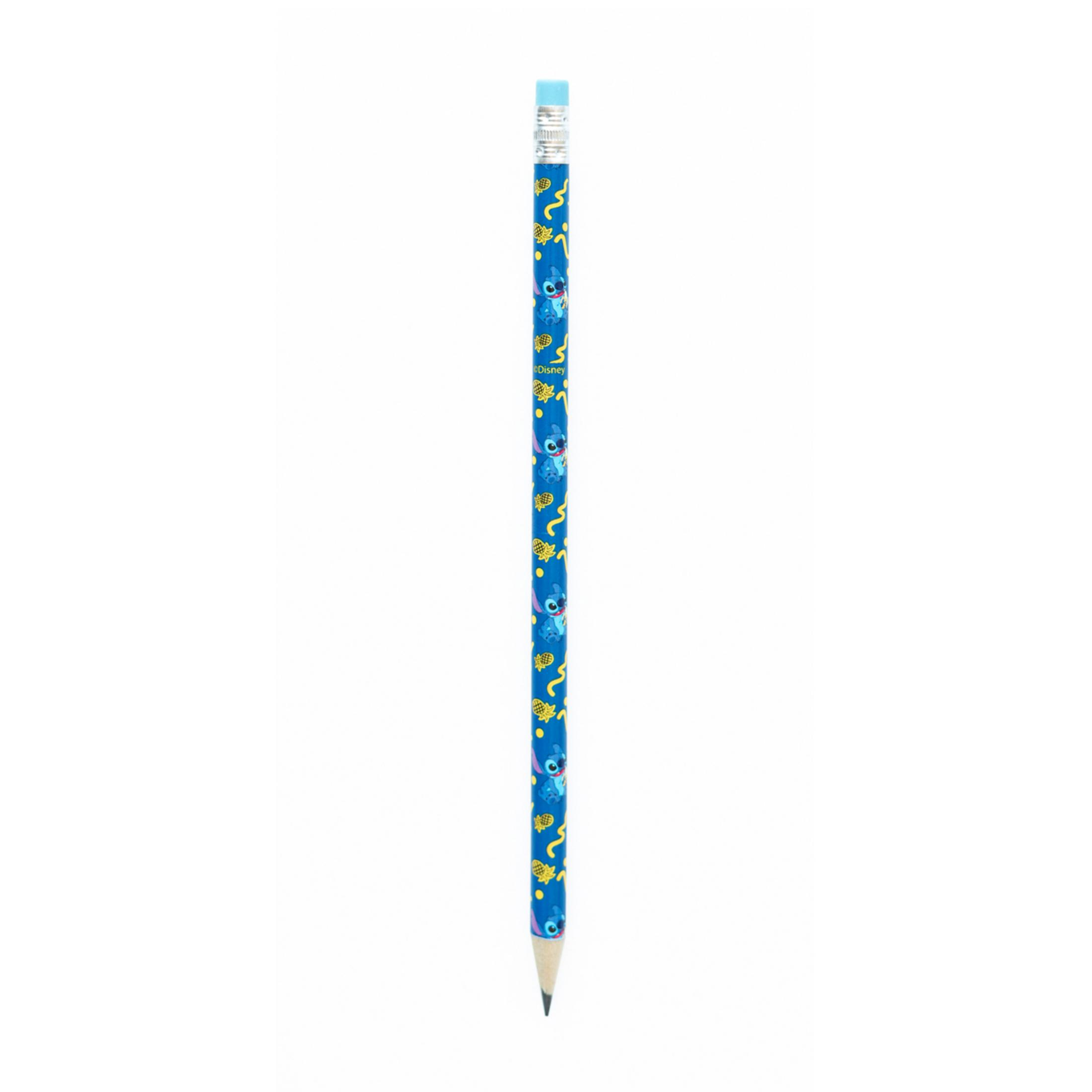 Ein blauer Stift mit Stitch-Motiv und gelben Spiralen und Ananas-Symbolen.