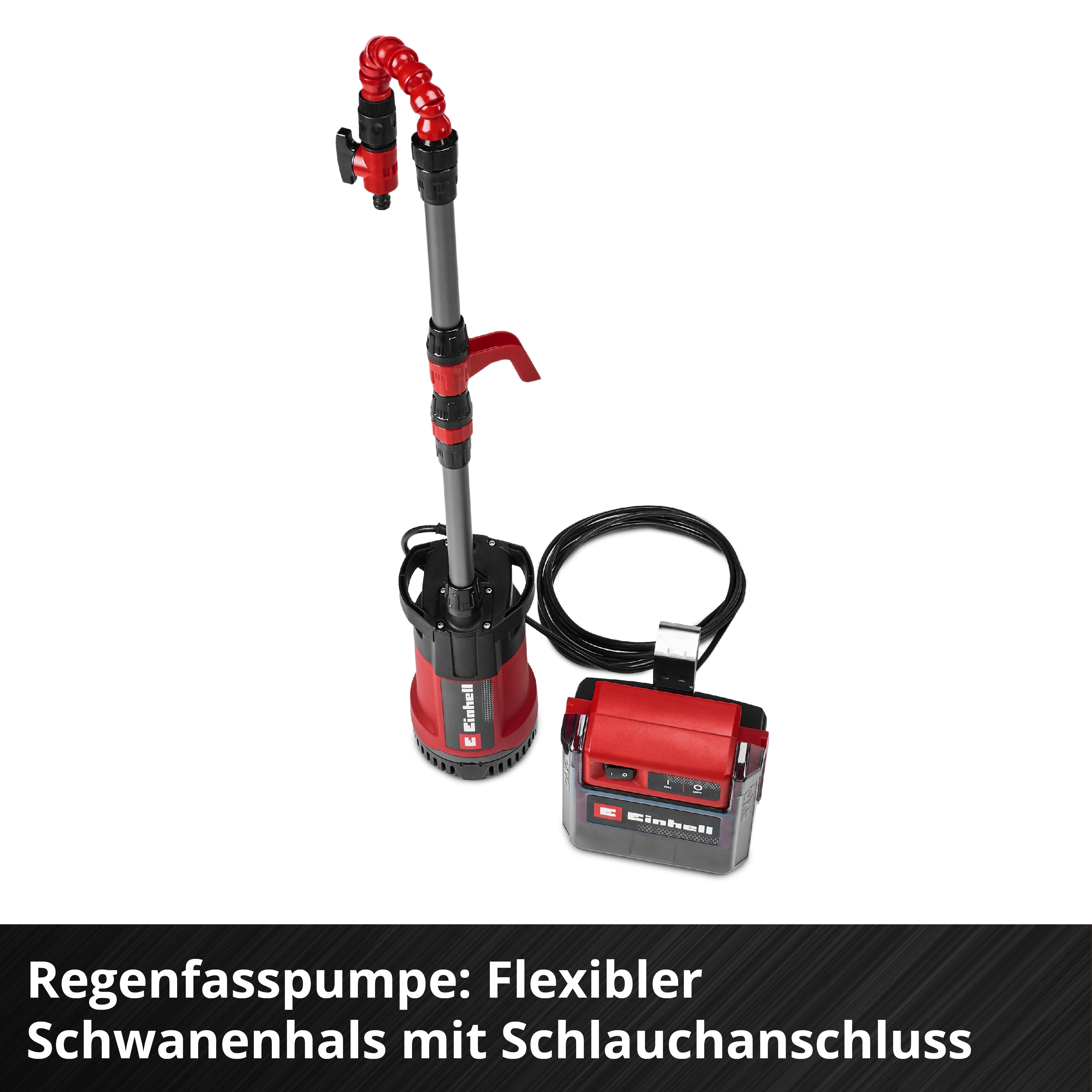 Rote Tauchpumpe mit flexiblem Schlauchanschluss und schwarzem Kabel.