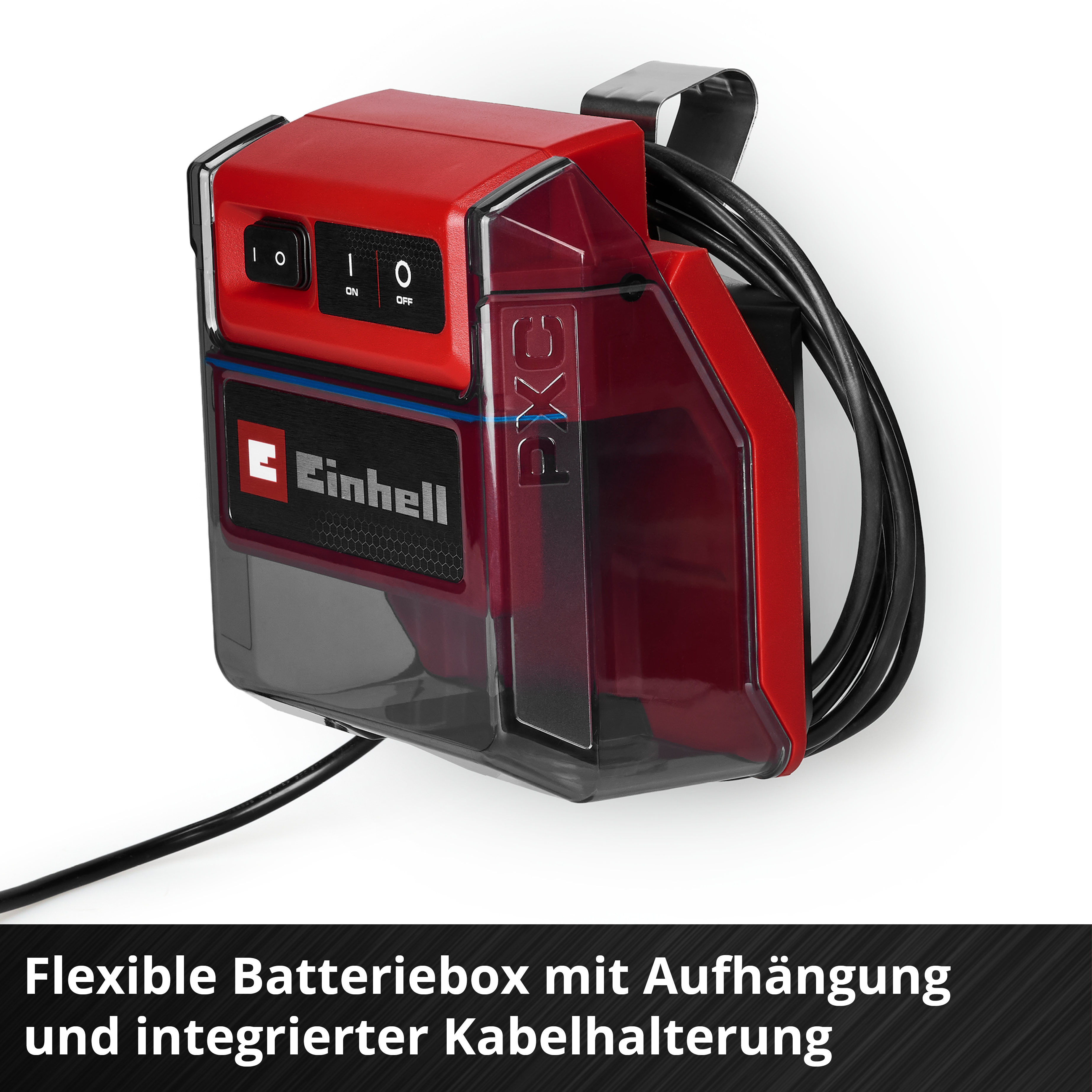 Rote Batteriebox mit Schalter, Aufhängung und Kabelhalterung.