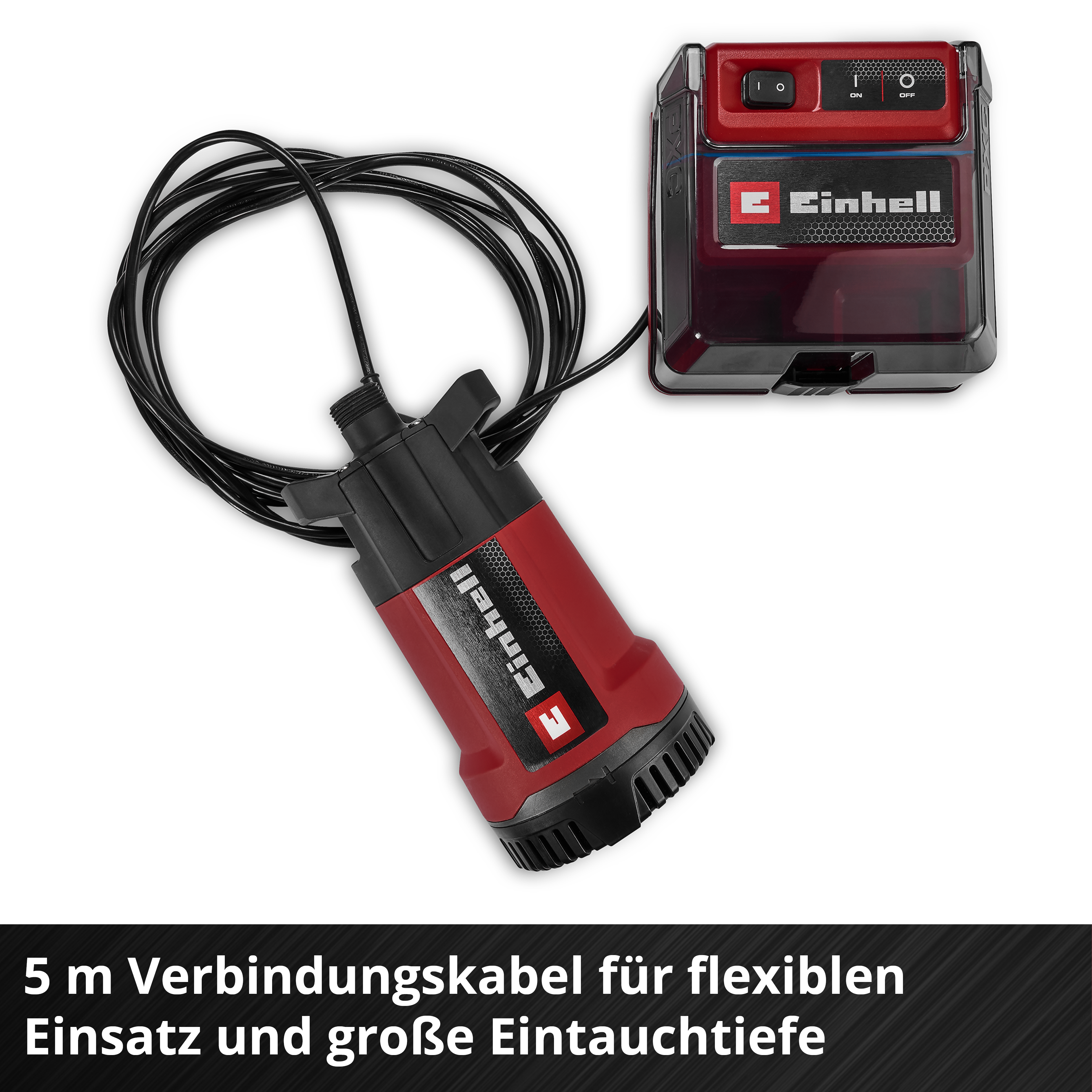 Roter und schwarzer Tauchpumpenanschluss mit Kabel und Schalter.