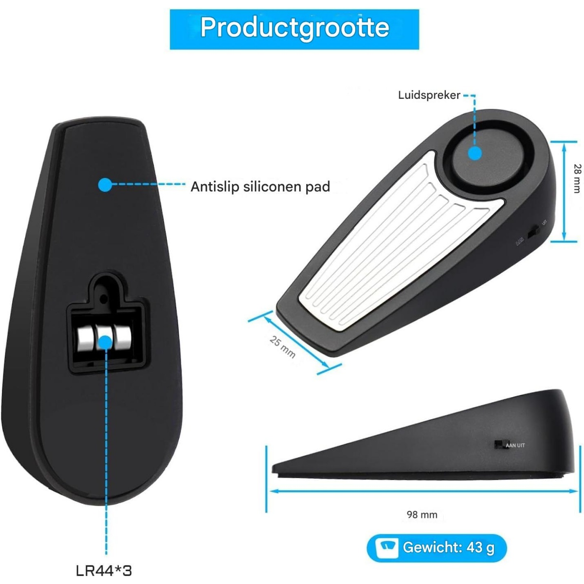 Schwarzer Türstopper mit Lautsprecher, Maßen und Batteriefach.
