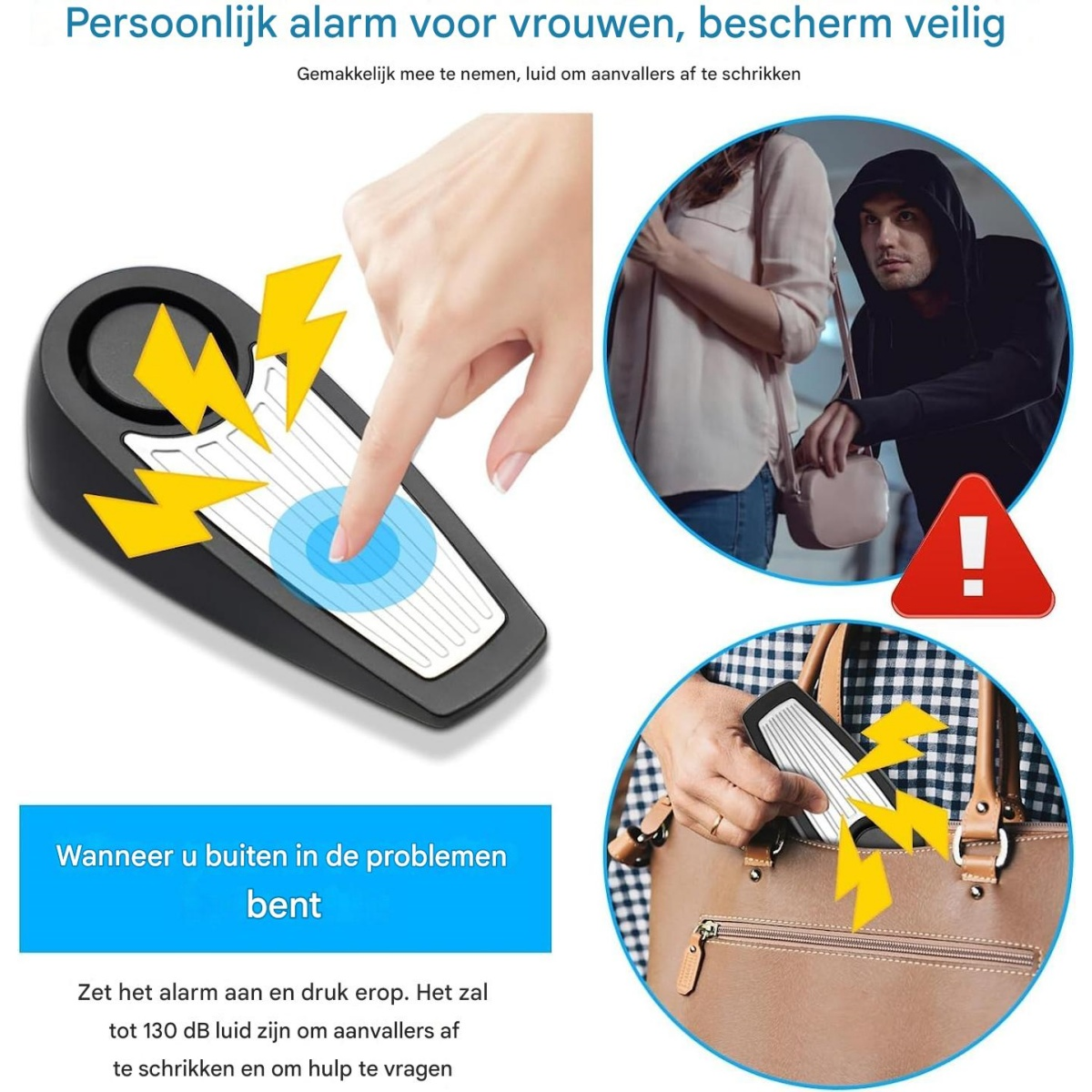 Ein Finger aktiviert einen persönlichen Alarm. Ein Angreifer schleicht sich an eine Frau heran.