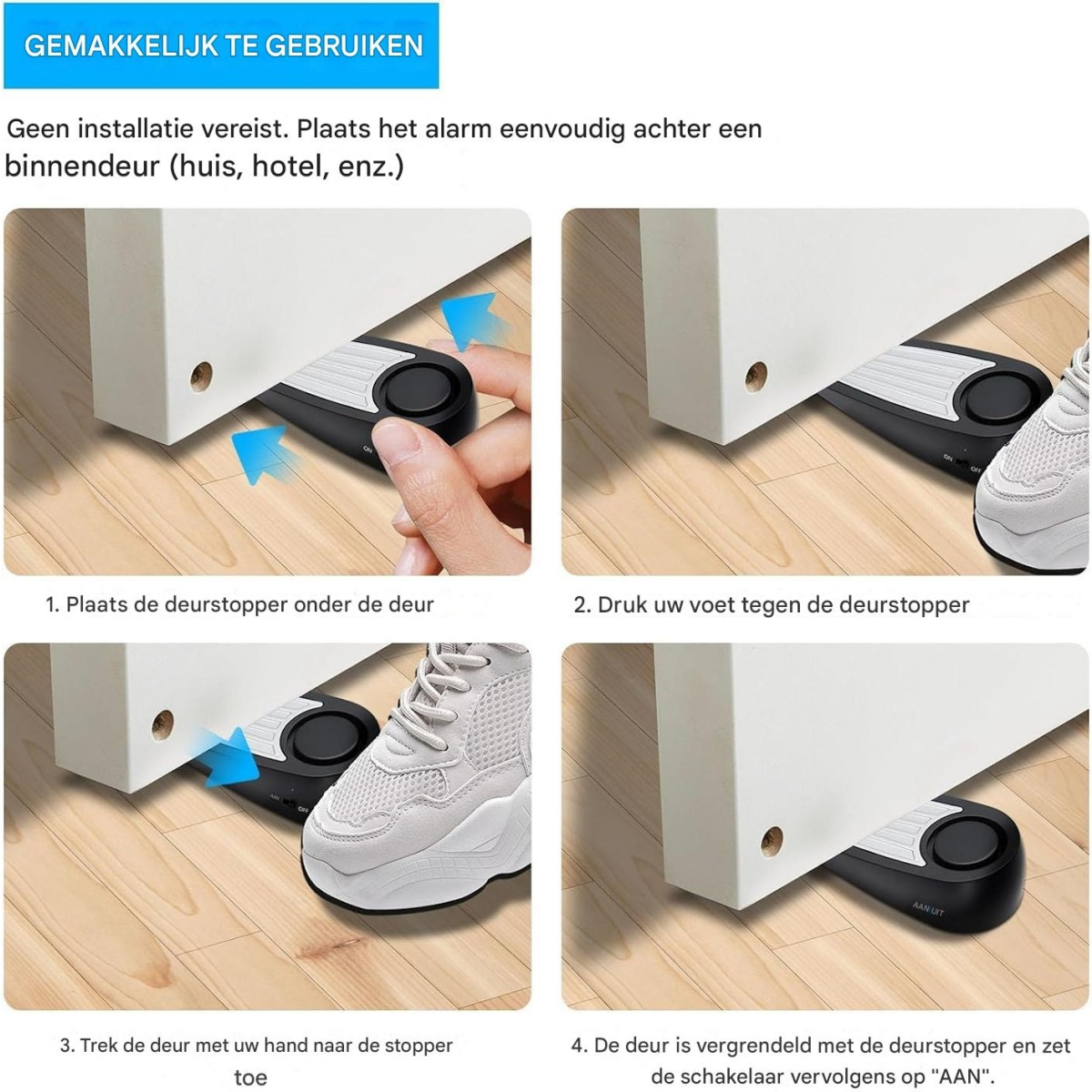 Schwarzer Türstopper mit Alarm, der unter eine Tür geschoben wird.