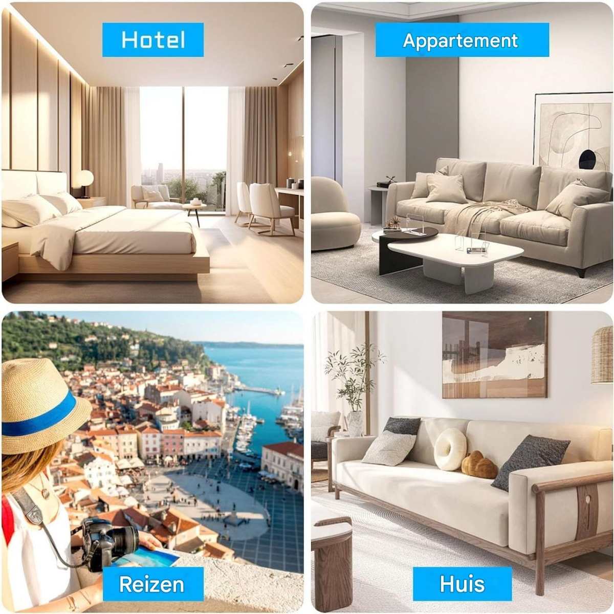 Vier Bilder: Hotelzimmer, Wohnzimmer, Stadtansicht und Sofa.
