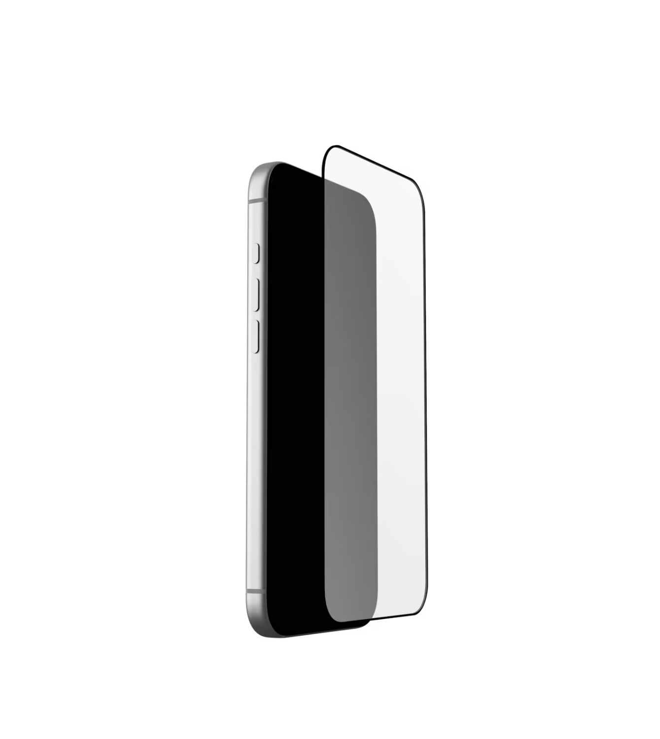 Uno smartphone argentato viene mostrato con una protezione per lo schermo scura sul display.