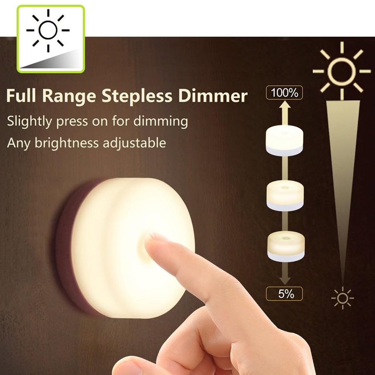 Ein Finger drückt auf eine runde, leuchtende Lampe, um die Helligkeit einzustellen.