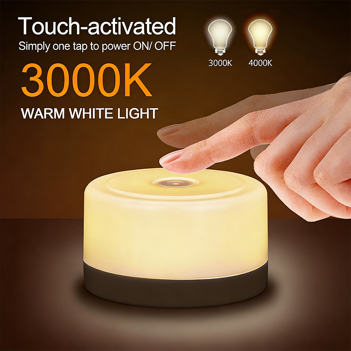 Eine Hand berührt eine leuchtende Lampe, 3000K Warmweißlicht.