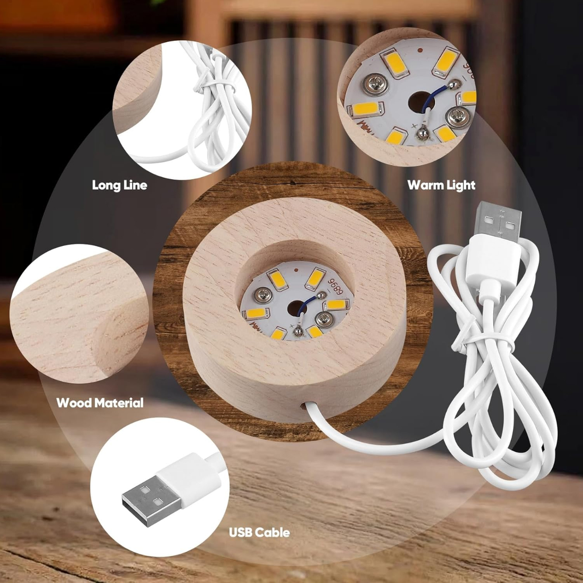 Holzsockel mit LED-Platine, USB-Kabel und Schnur. Nahaufnahme.