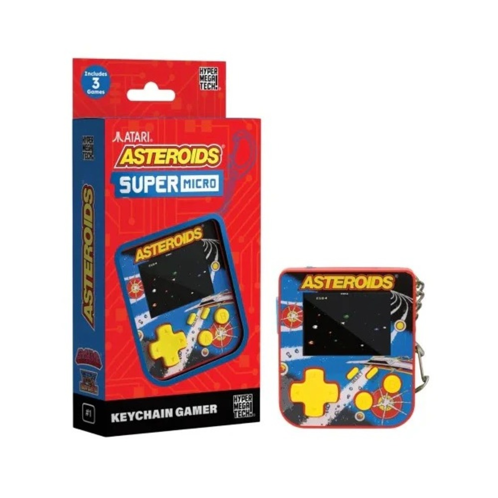 Atari Asteroids Super Micro Keychain Gamer con caja. Dispositivo azul con botones amarillos.
