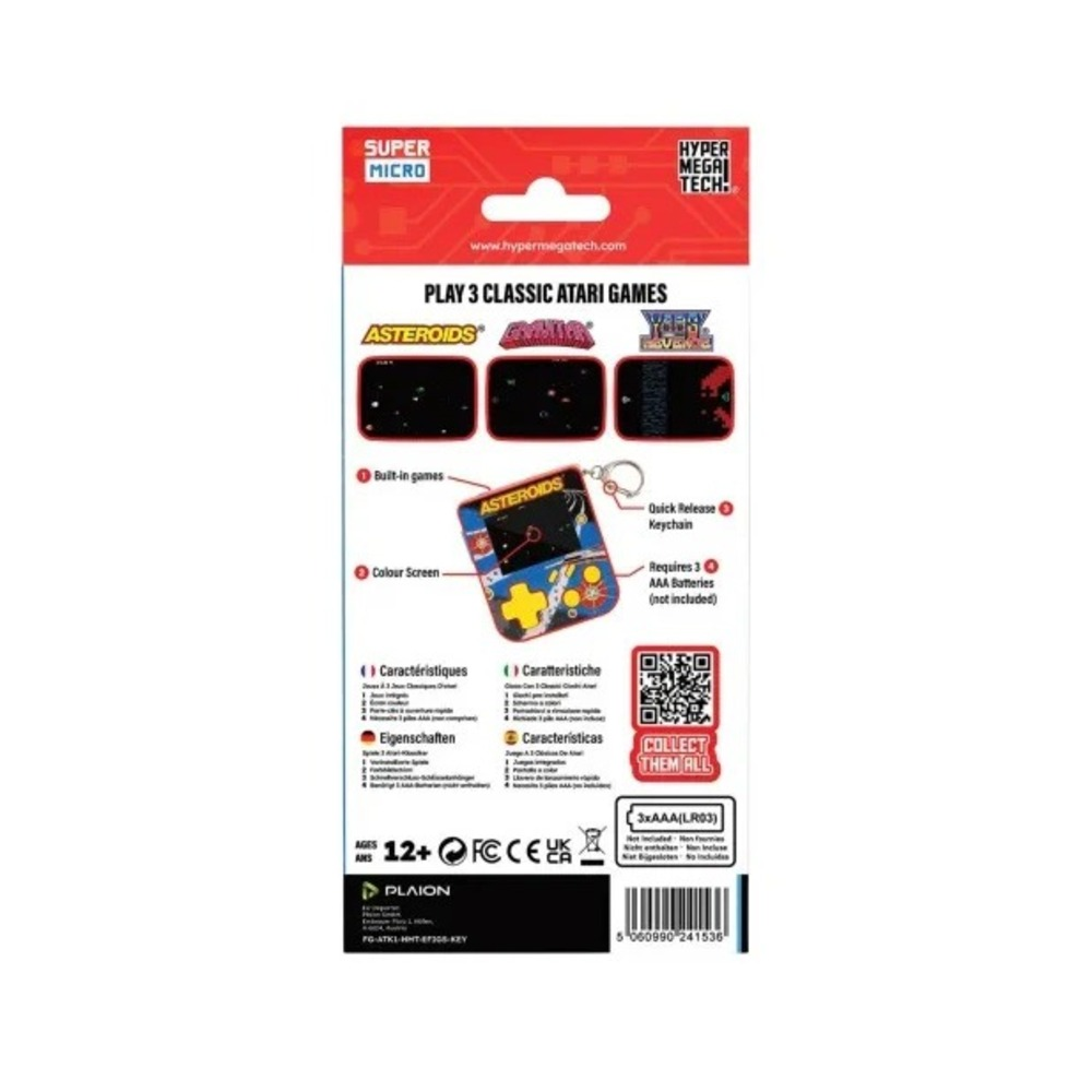 Embalaje de un minijuego con tres clásicos de Atari, pantalla a color y llavero.