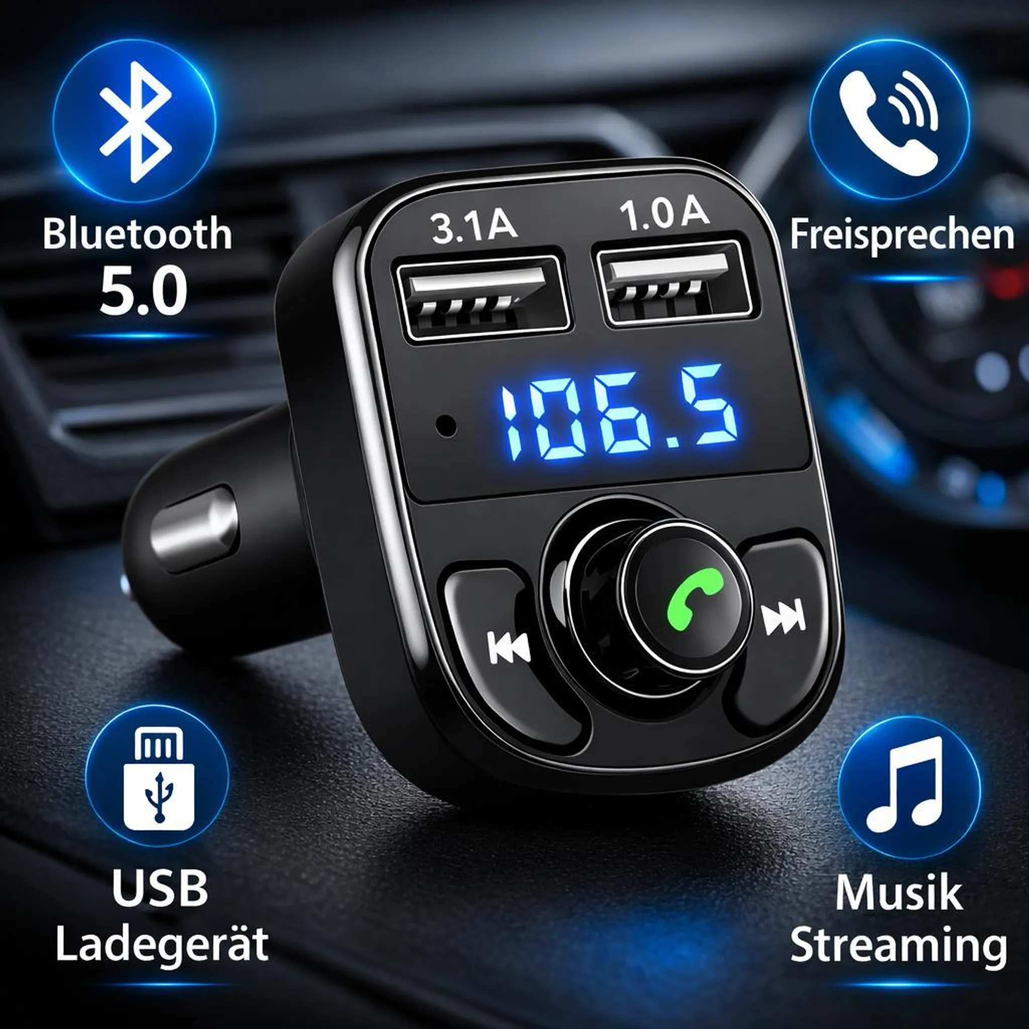 Schwarzer Kfz-Adapter mit zwei USB-Anschlüssen, Display und Bedienelementen.