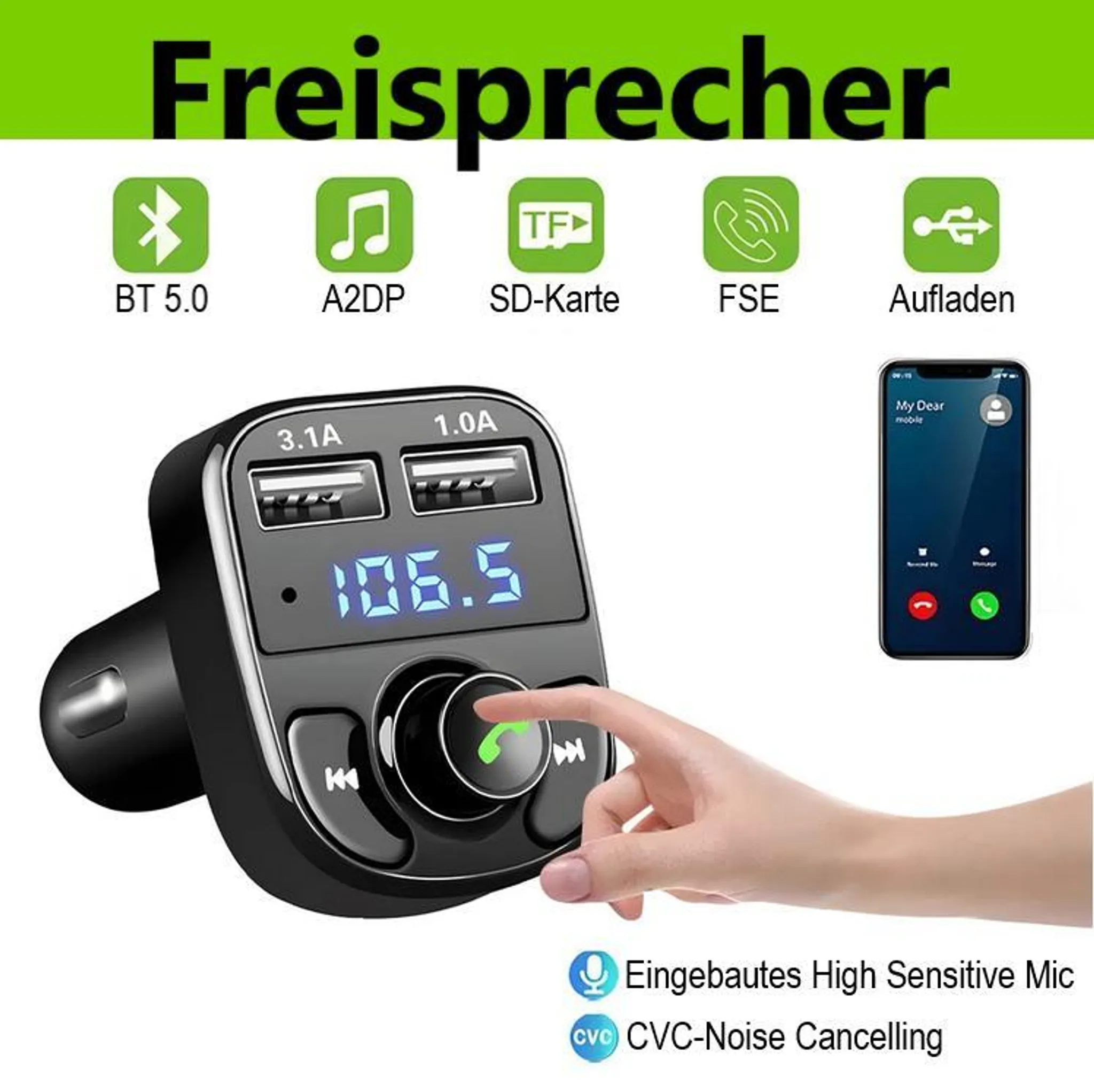 Freisprecher mit BT 5.0, A2DP, SD-Karte, FSE, Aufladen. Zeigt 106.5 FM an.