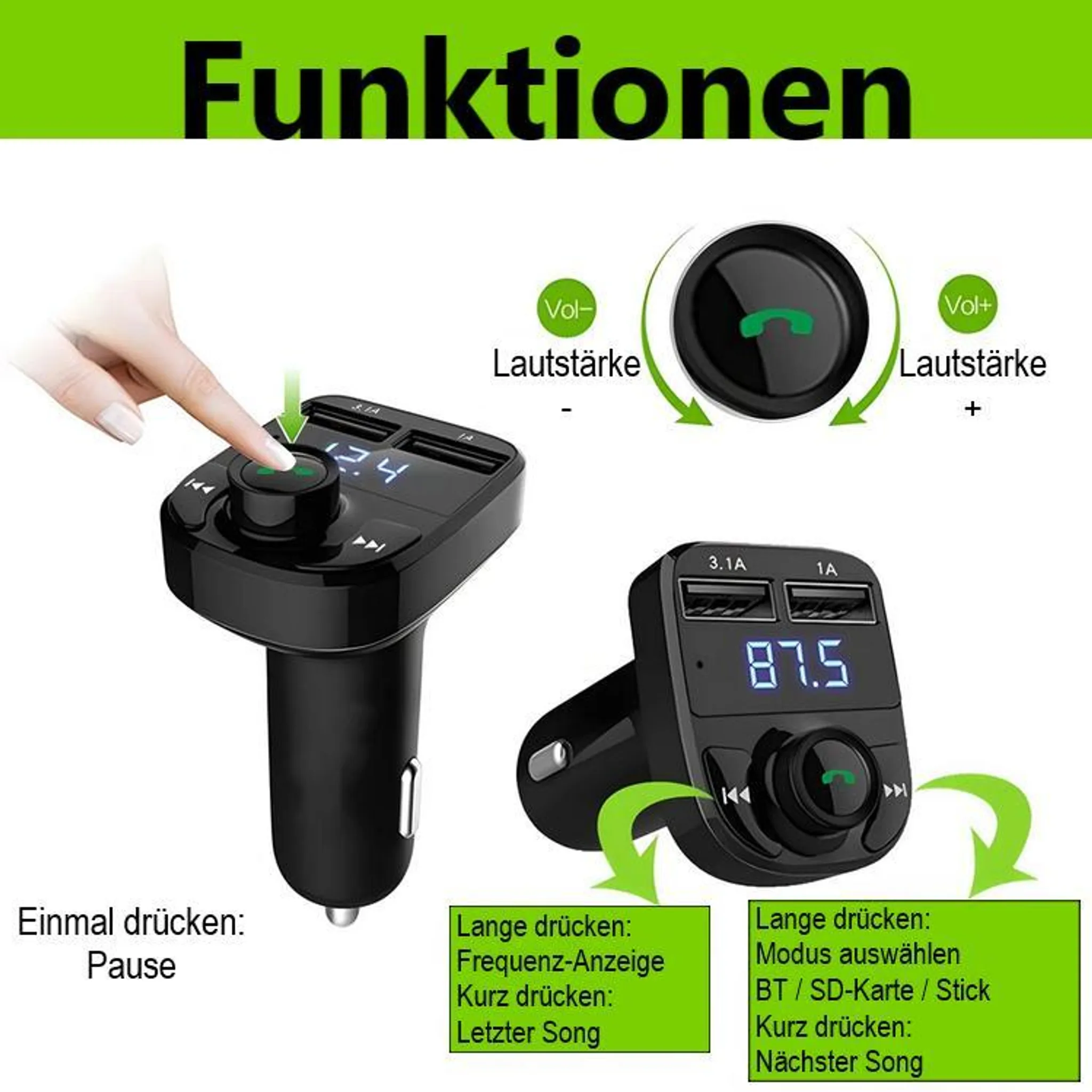 Zwei schwarze Autoladegeräte mit USB-Anschlüssen und Displays. Pfeile zeigen Funktionen.