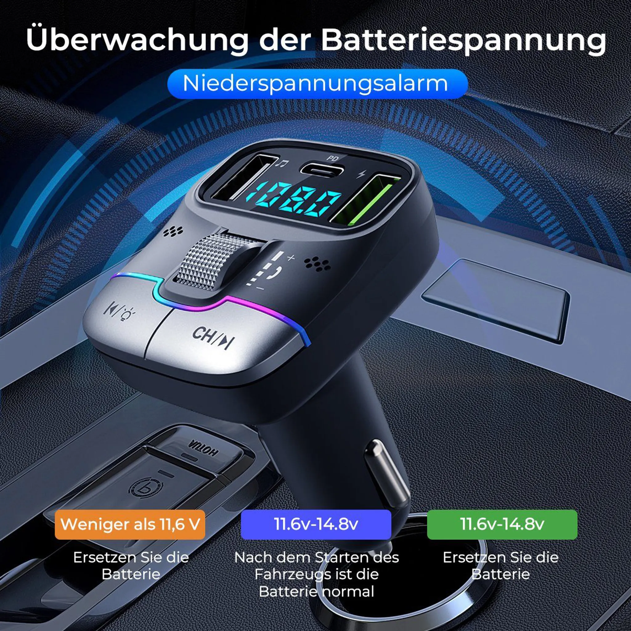 Kfz-Ladegerät mit Spannungsanzeige: Unter 11,6V Batterie ersetzen, normal 11,6-14,8V.