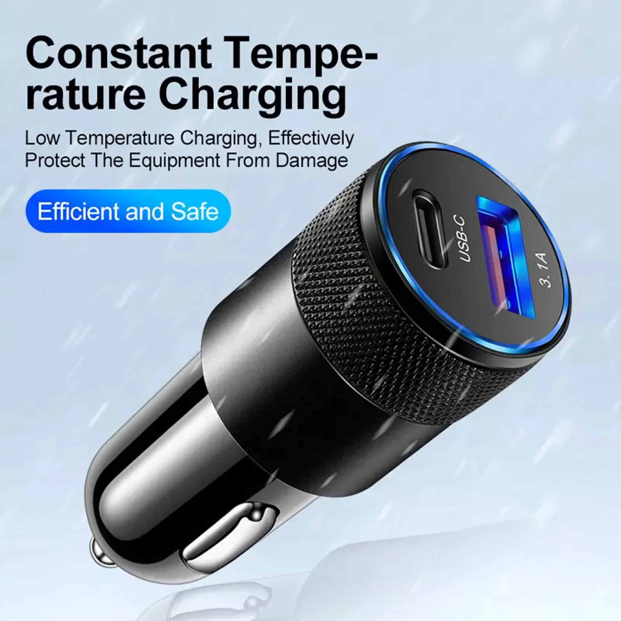Ein schwarzer Auto-USB-Ladegerät mit blauer LED-Anzeige und USB-C-Anschluss.
