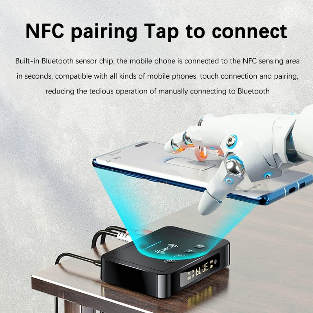 Ein NFC-Gerät verbindet sich mit einem Smartphone durch einen Roboterarm. Blaue Strahlen verbinden die Geräte.