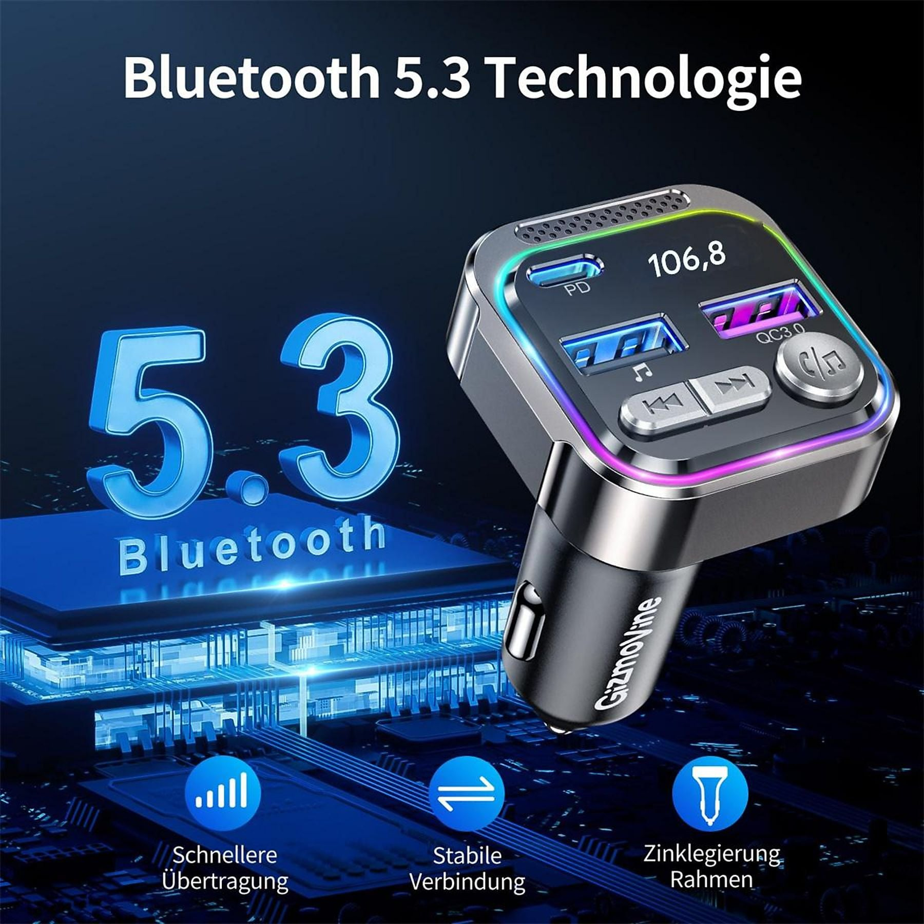 Bluetooth 5.3 Autoladegerät mit PD und QC3.0 Anschlüssen.
