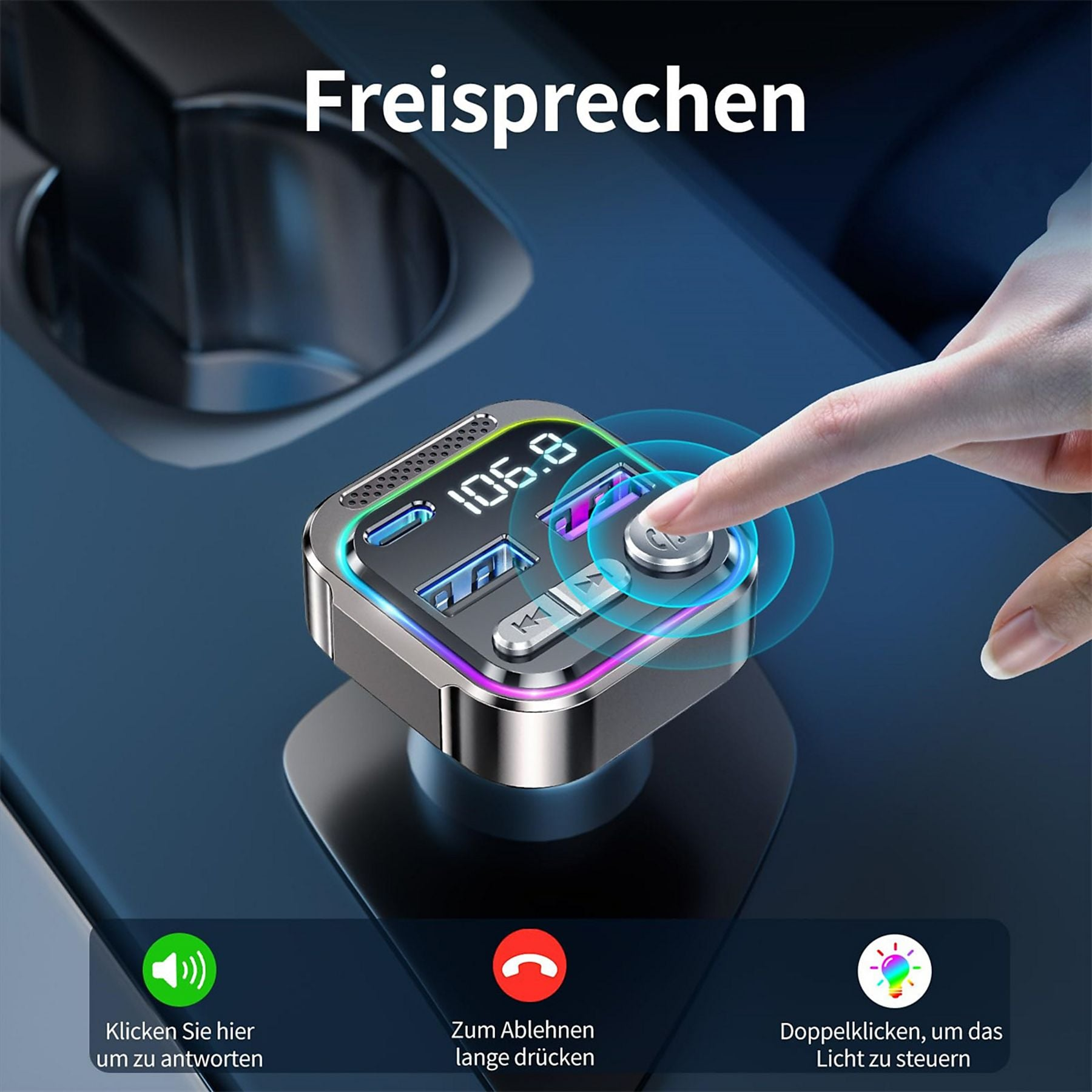 Ein Finger drückt auf einen Freisprechknopf mit beleuchtetem Display 106.8.