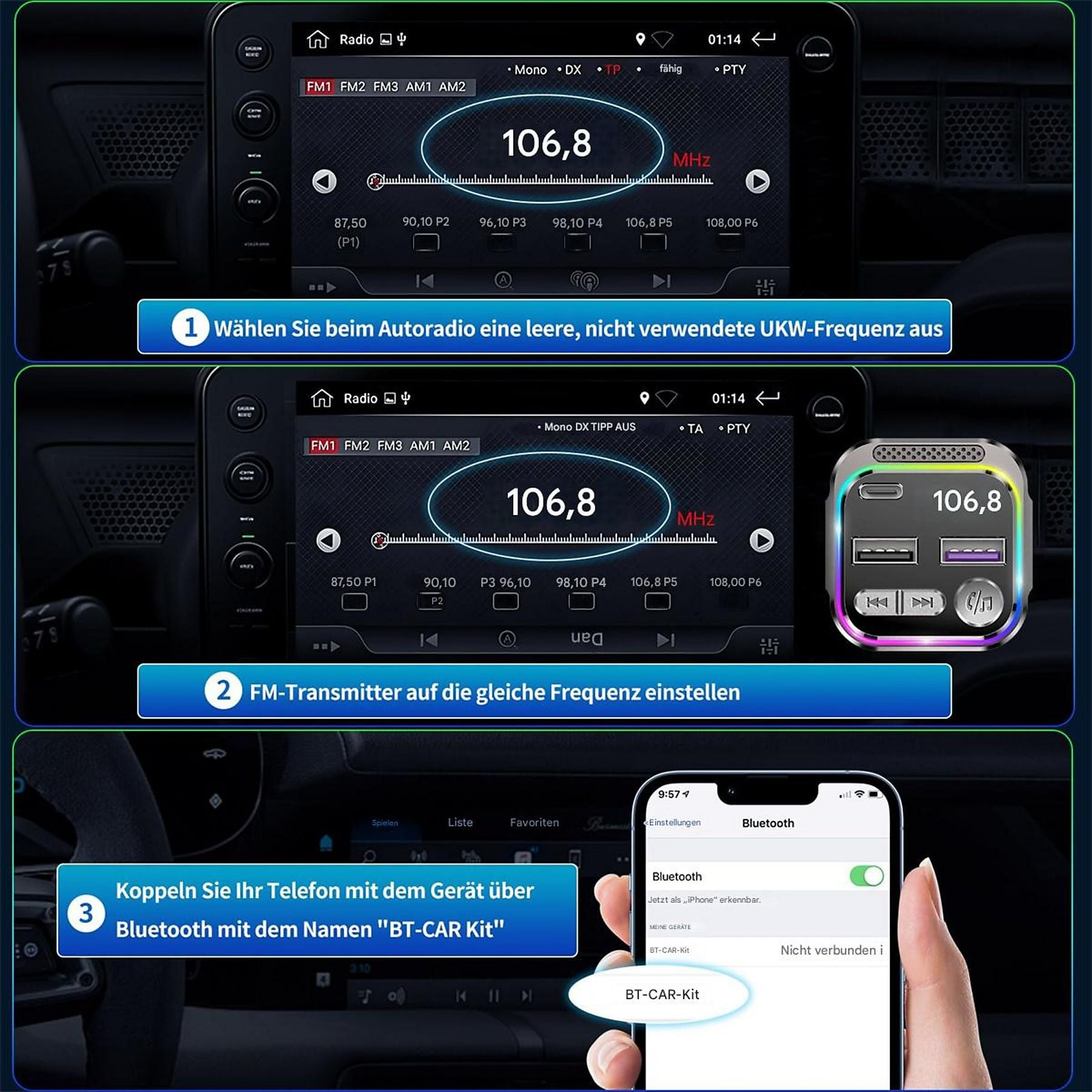 Anleitung: Autoradio, FM-Transmitter und iPhone-Kopplung über Bluetooth.