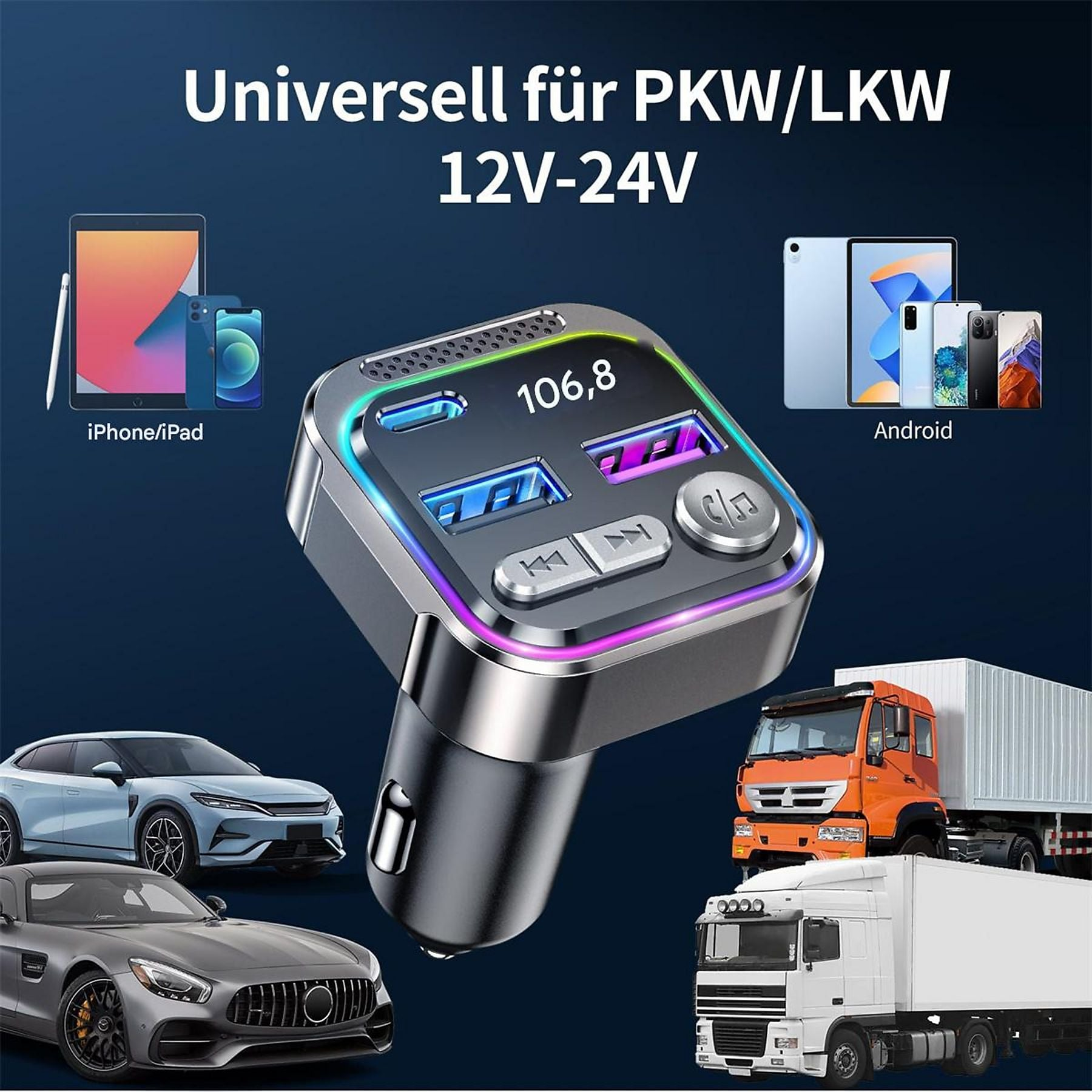Ein schwarzer KFZ-Ladegerät mit 2 USB-Anschlüssen, RGB-Beleuchtung und Display. Zeigt '106,8'.