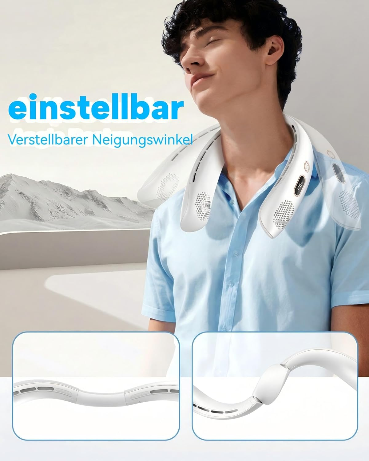 Ein Mann trägt einen weißen Nackenfächer mit Lüftungsschlitzen und einem Display.