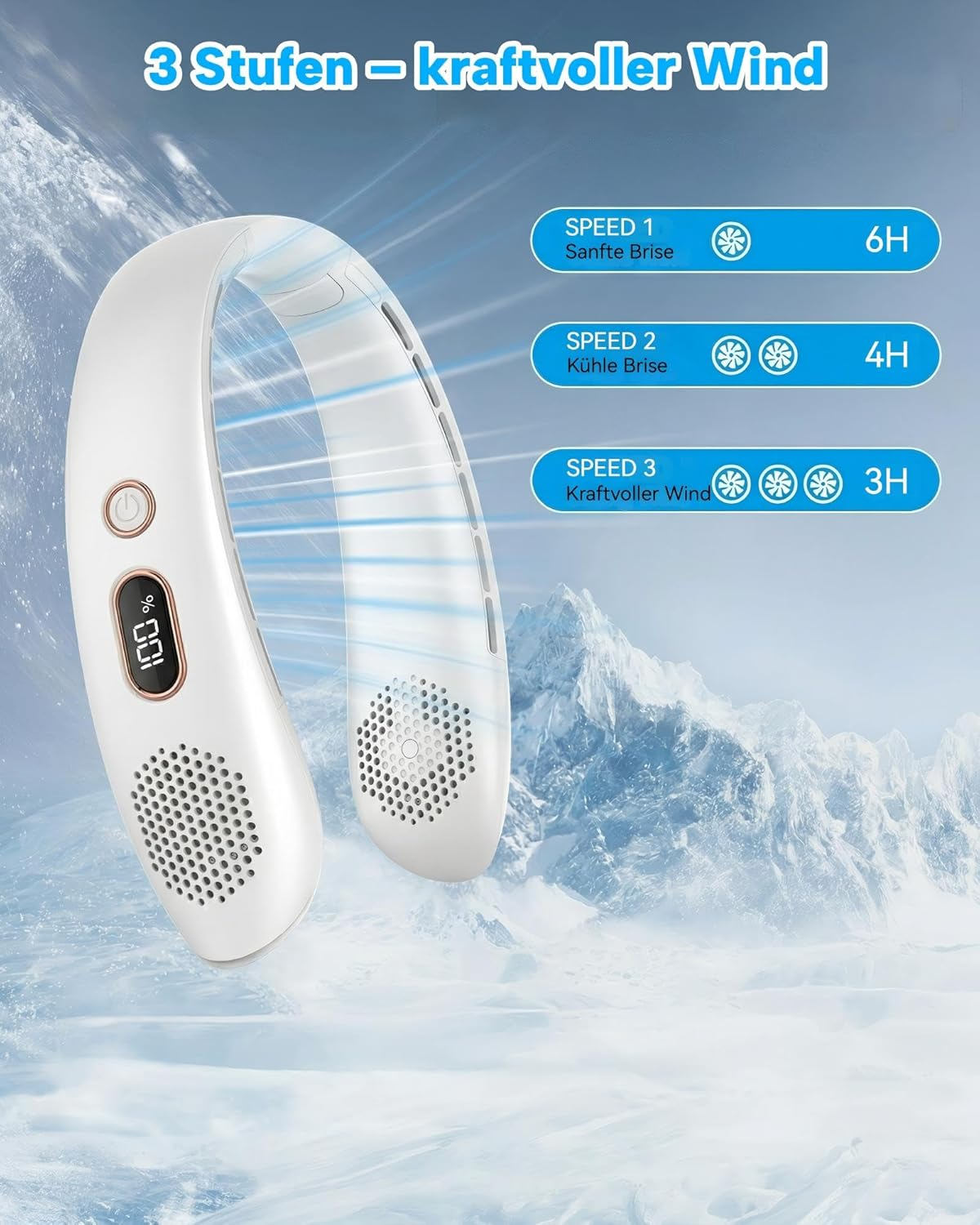 Ein weißer Nackenventilator mit 3 Geschwindigkeitsstufen und Batterieanzeige vor eisigen Bergen.