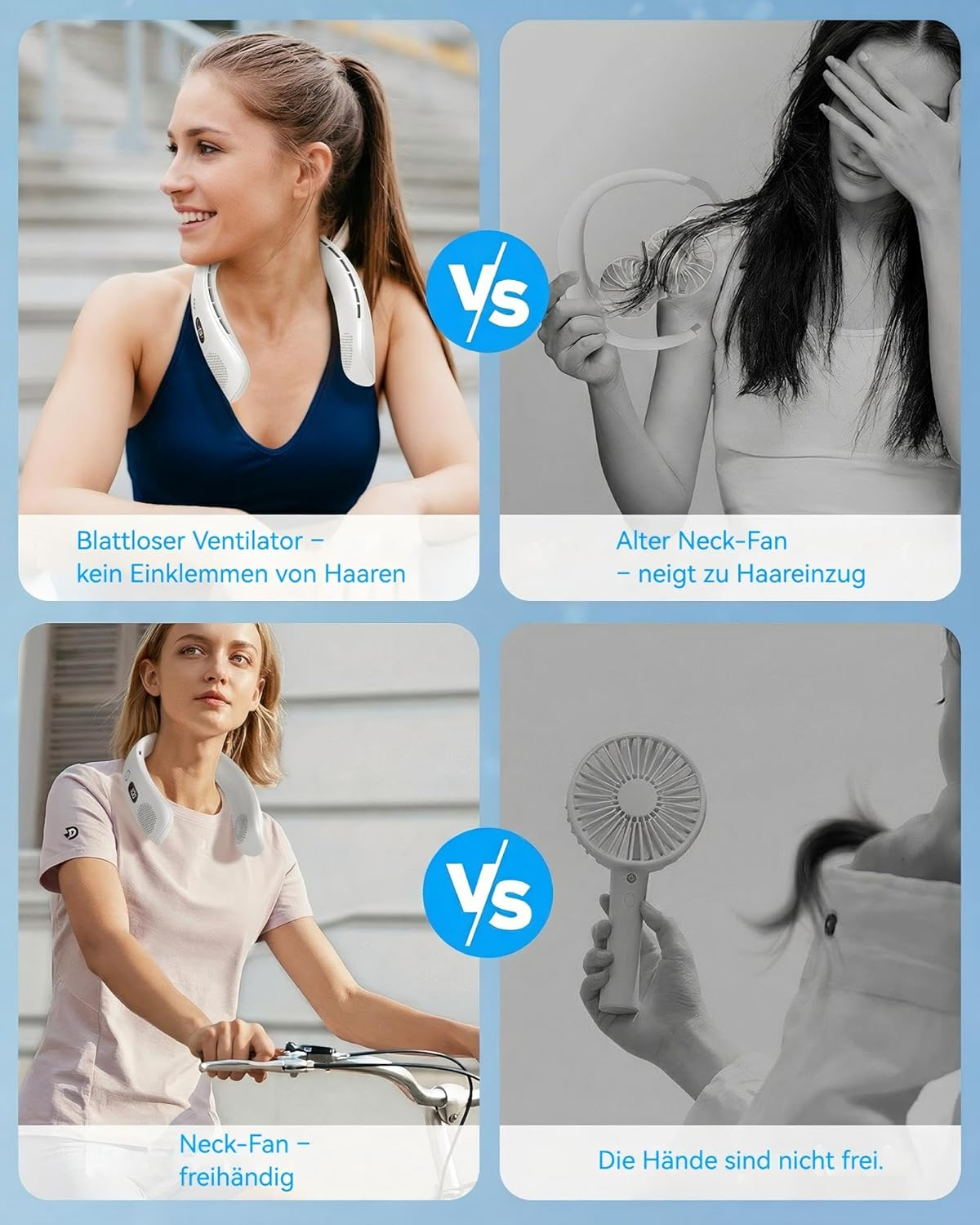 Vier Szenen vergleichen Nackenventilatoren: Blattlos, alter Nackenventilator, freihändig, Handventilator.