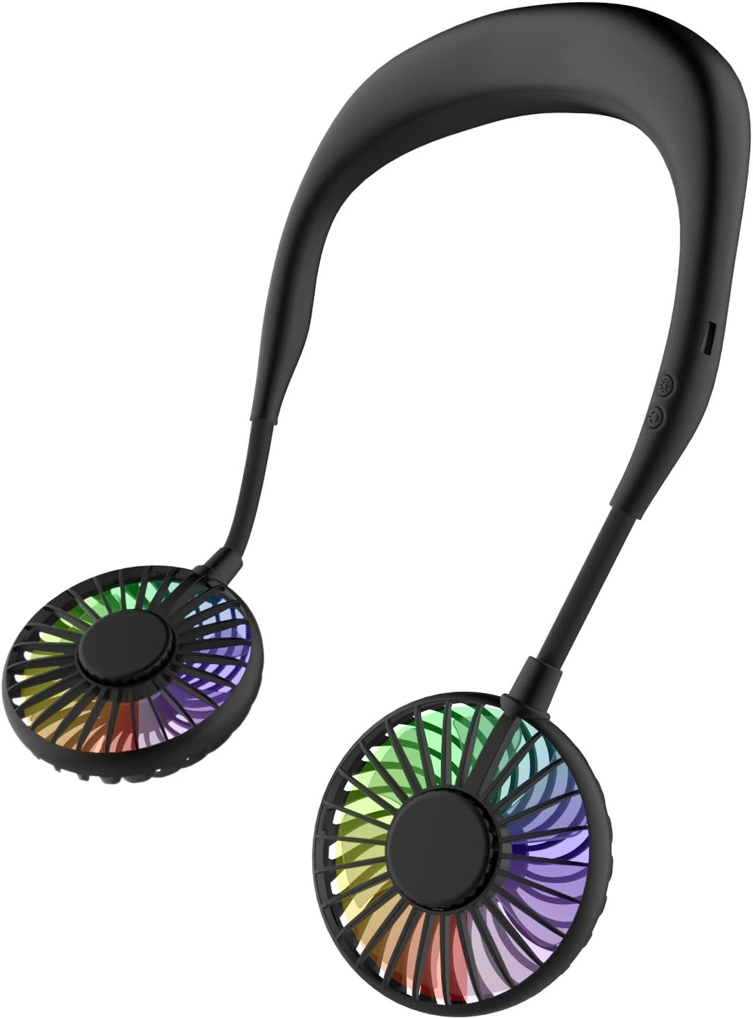 Ein schwarzer Nackenfächer mit zwei Lüftern, die bunte LEDs anzeigen.