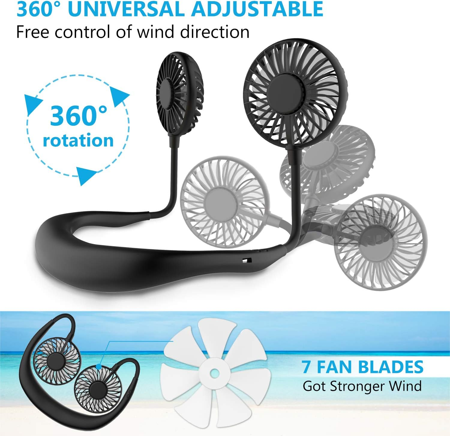 Ein schwarzer, tragbarer Nackenventilator mit zwei Lüftern, der um 360 Grad verstellbar ist.