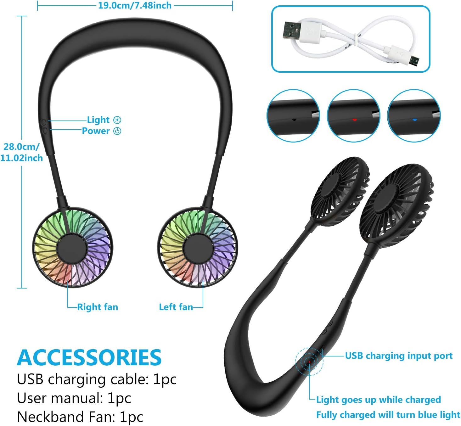 Ein schwarzer Nackenventilator mit zwei Lüftern, einem USB-Ladekabel und Ladeanzeigen.