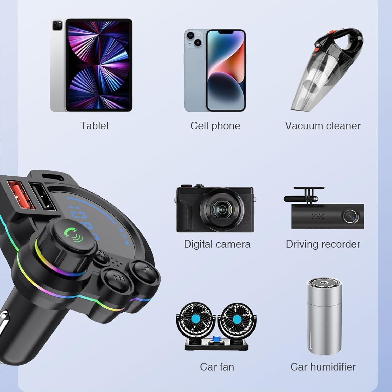 Collage von Autozubehör: Tablet, Telefon, Staubsauger, Kamera, Rekorder, Lüfter, Luftbefeuchter.