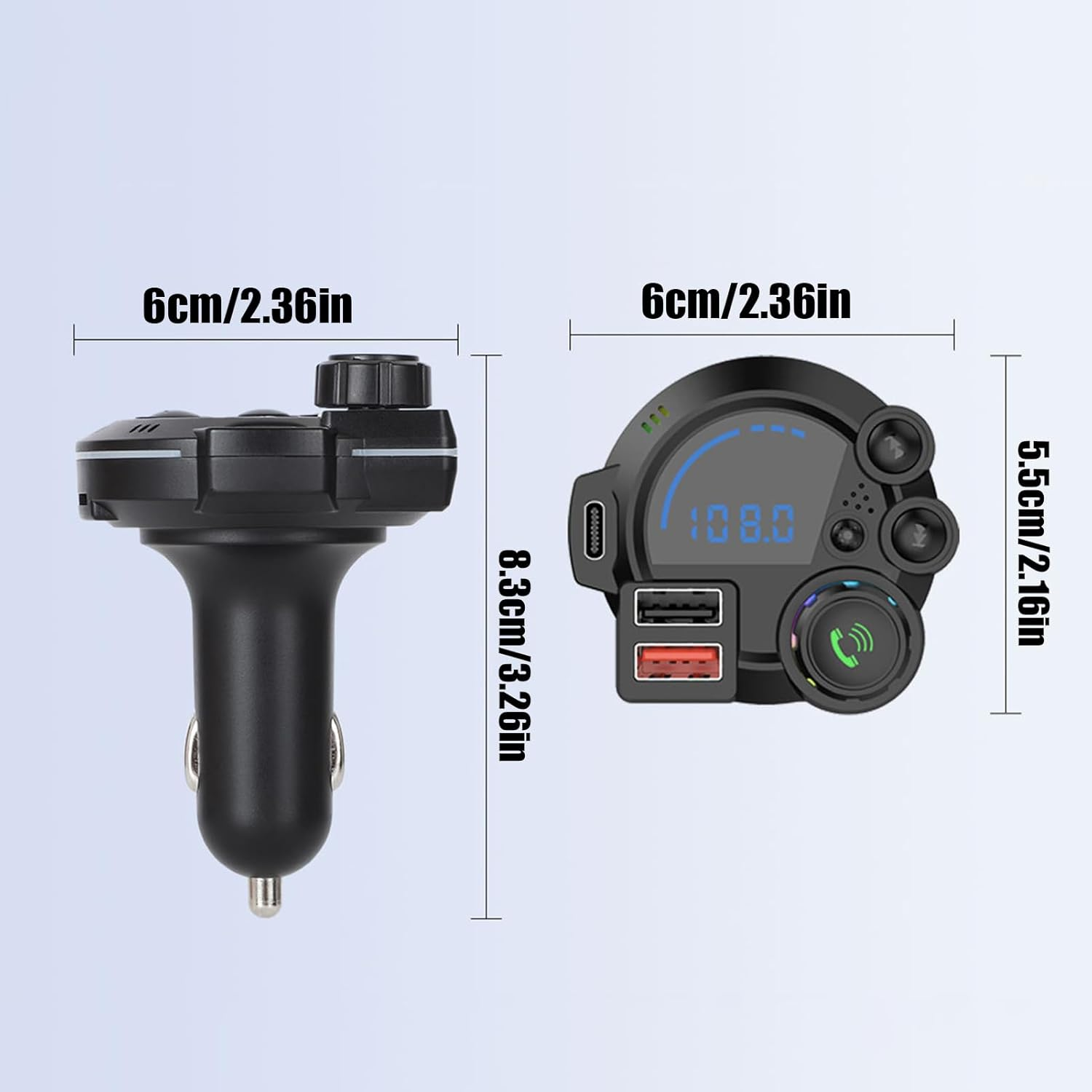 Zwei schwarze Auto-Ladegeräte mit USB-Anschlüssen und Anzeige.