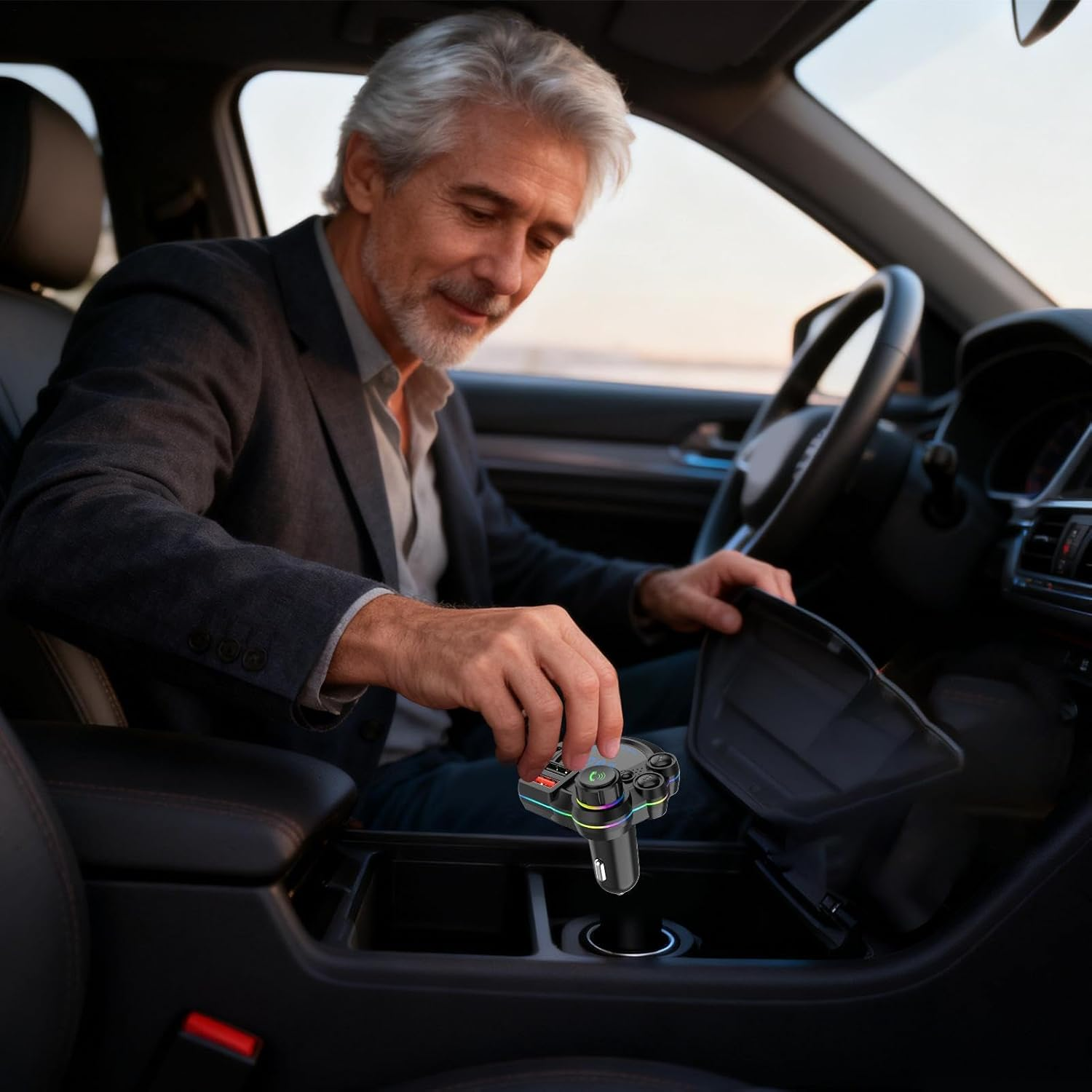 Ein Mann im Anzug steckt ein Ladegerät in eine Mittelkonsole im Auto.