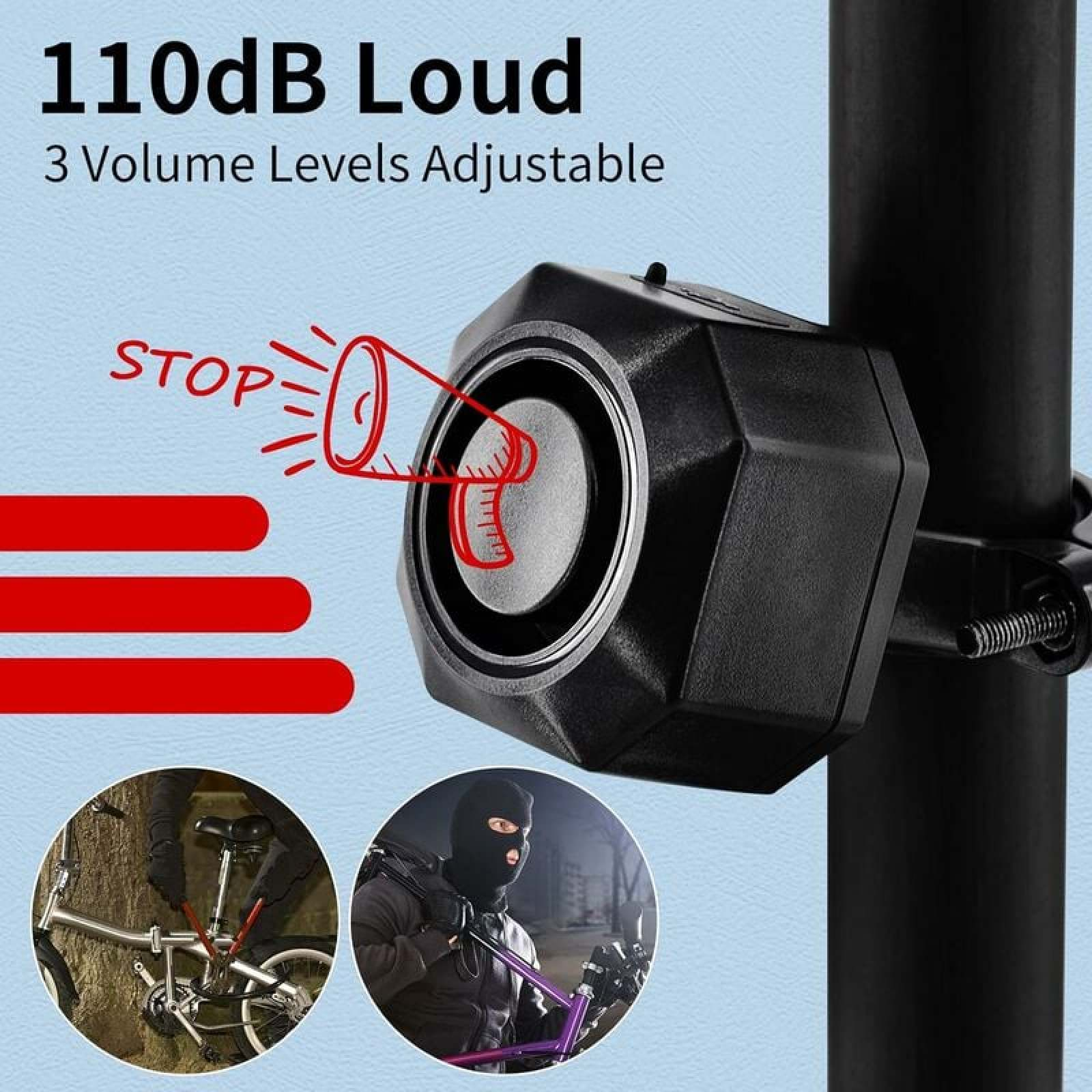 Lautsprecher mit STOP-Symbol. Einbrecher stehlen Fahrräder. 110dB laut.