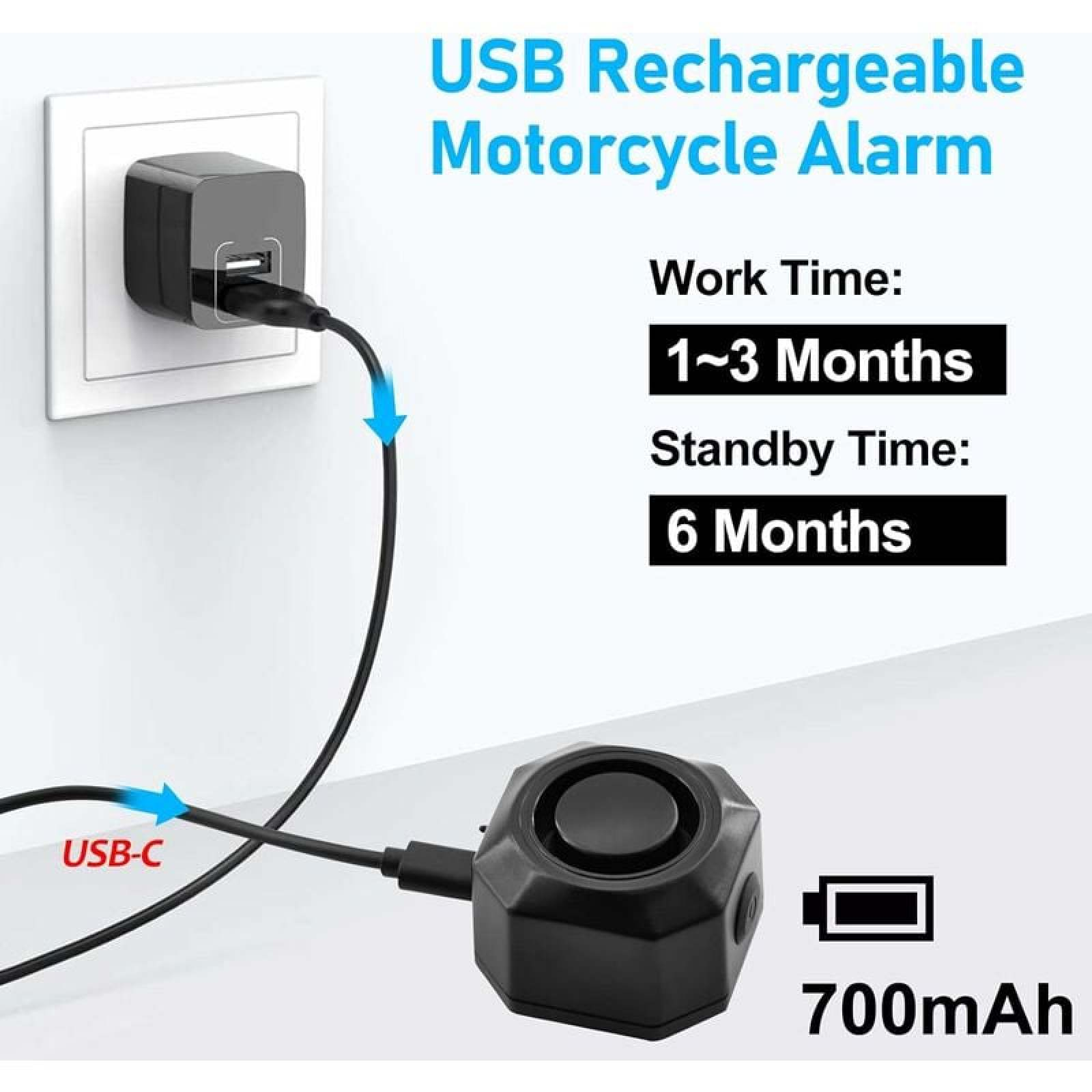 USB-C Ladekabel für Motorradalarm mit 700mAh Akku, 1-3 Monate Arbeitszeit.