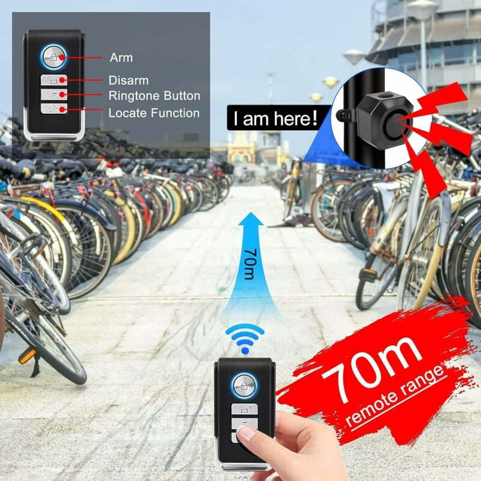 Ein Schlüsselanhänger mit Funktionen wie Arm, Disarm, Klingeltaste und Ortungsfunktion.