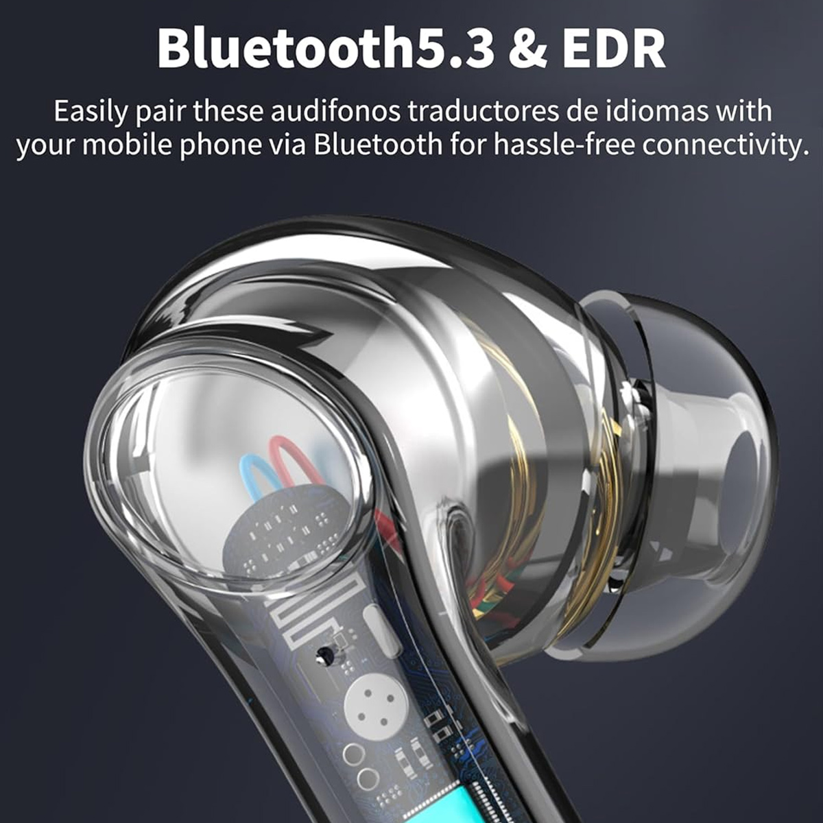 Transparente Ohrhörer mit sichtbarer Schaltung und Drähten, die Bluetooth 5.3 & EDR hervorheben.