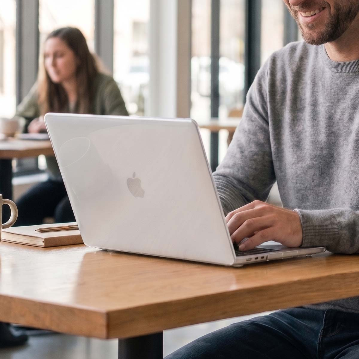 Uomo digita su un laptop bianco, donna seduta sullo sfondo.