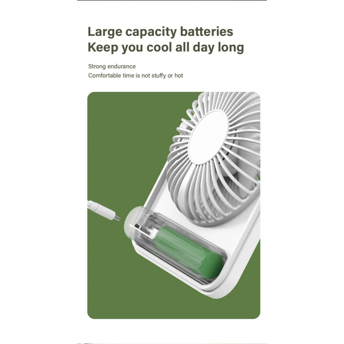Ein weißer Ventilator mit einem grünen Akku und USB-Kabel.
