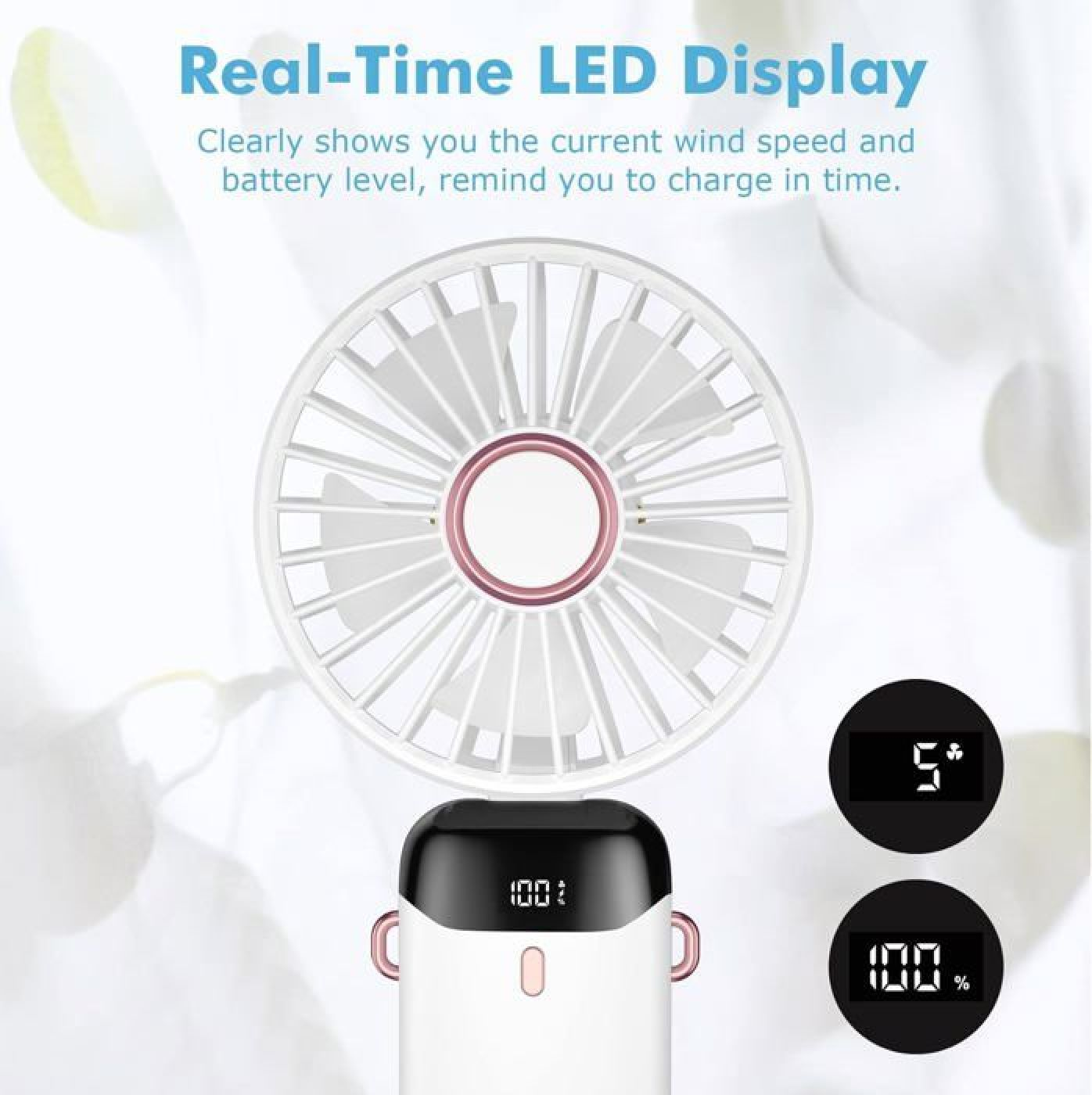 Ein weißer Ventilator mit LED-Anzeige zeigt 5" und 100% an.