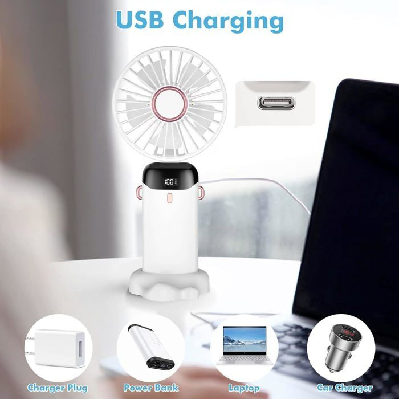 Weißer USB-Lüfter mit Digitalanzeige, an Laptop angeschlossen. Zeigt Ladestecker, Powerbank, Laptop, Autoladegerät.