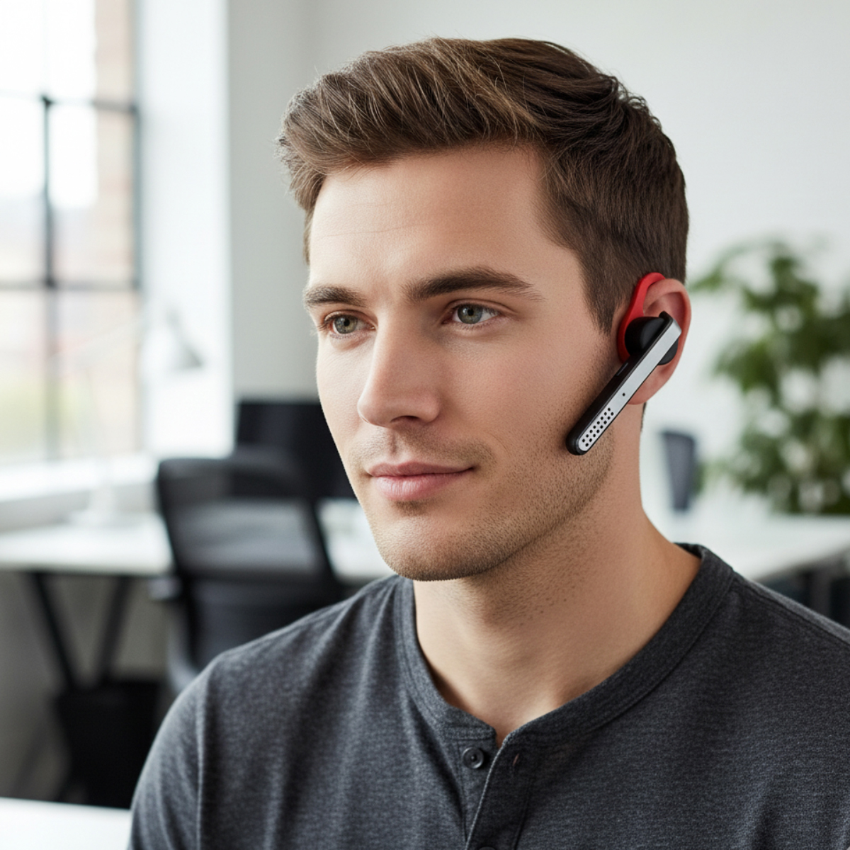 Mann mit Headset im Büro. Graues Hemd, schwarzer Hintergrund.