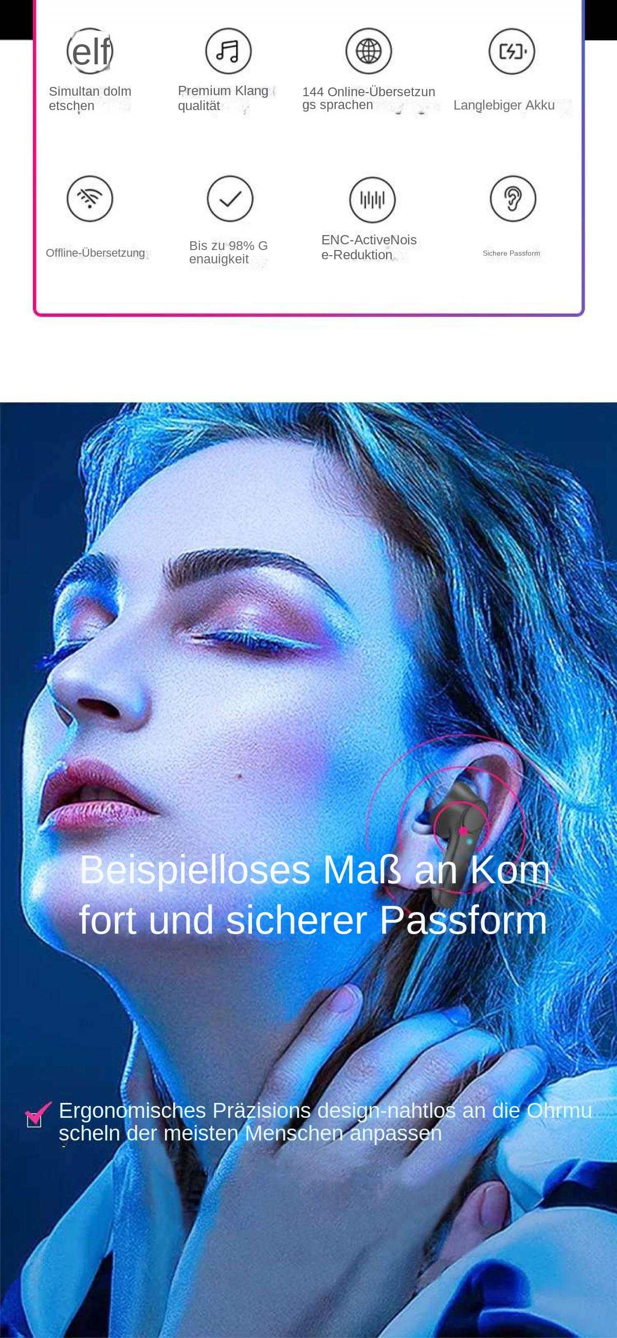 Eine Frau mit Kopfhörern, umgeben von blauen und lila Lichtern.