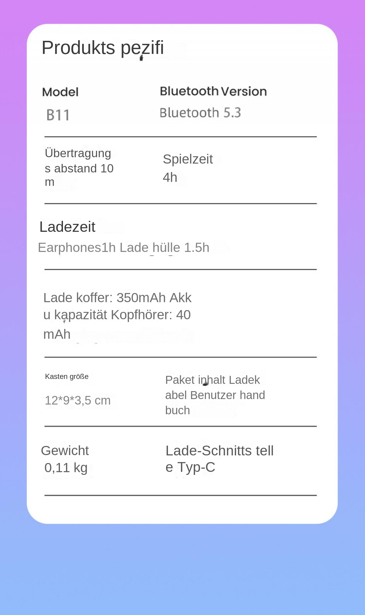 Produktspezifikationen: Modell B11, Bluetooth 5.3, Reichweite 10m, Spielzeit 4h.