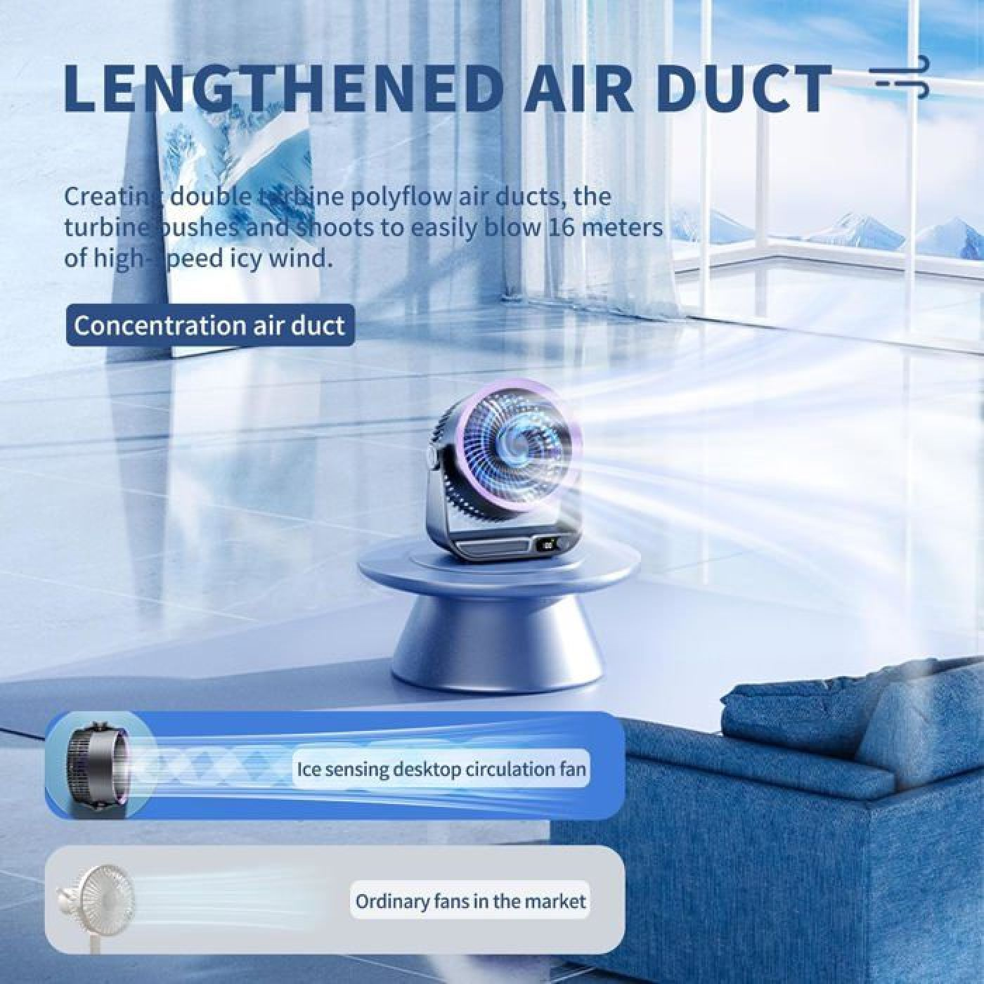 Ein moderner Ventilator mit blauem Licht auf einem Sockel, der Luft ausstößt.