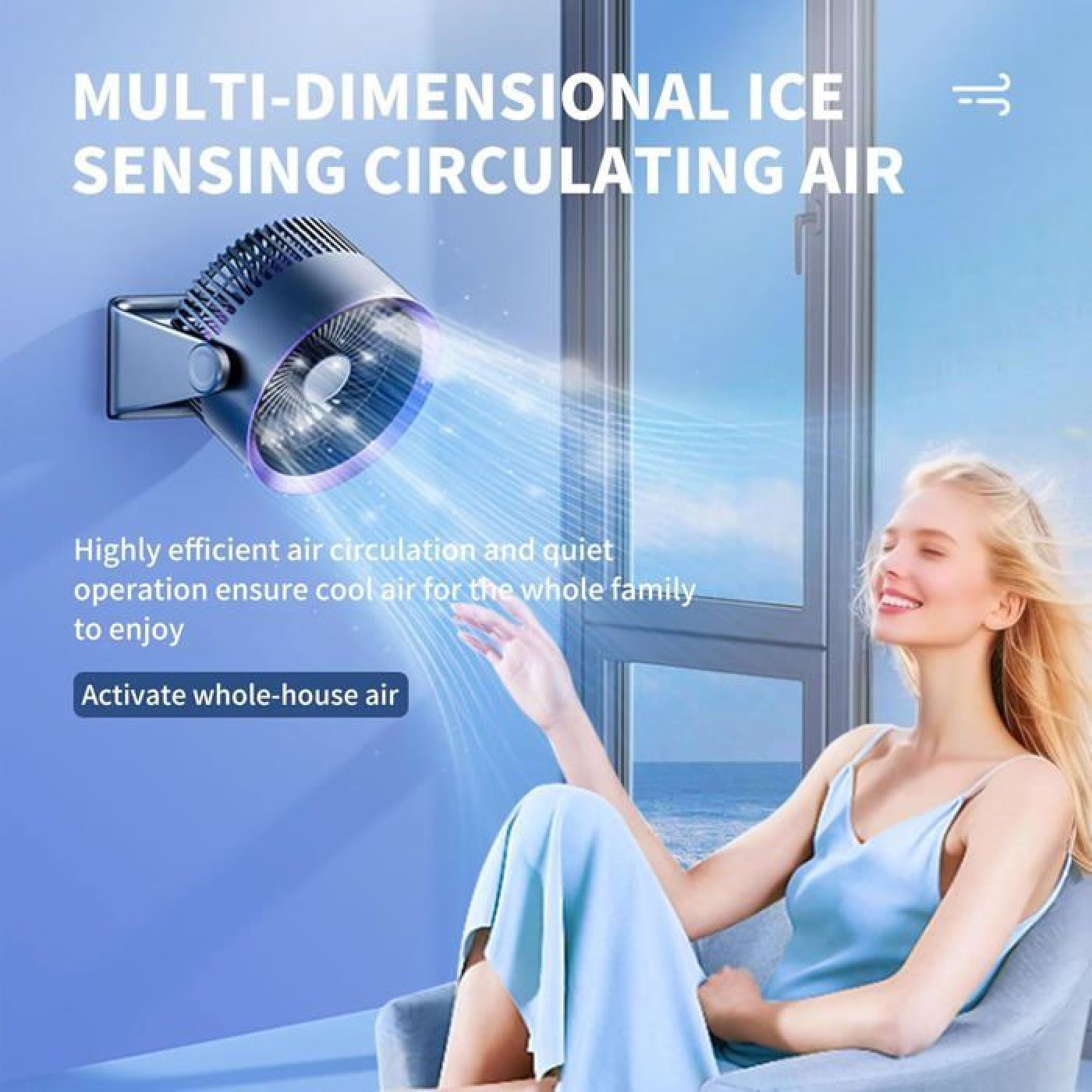 Ein moderner Ventilator an der Wand bläst kühle Luft auf eine lächelnde Frau.
