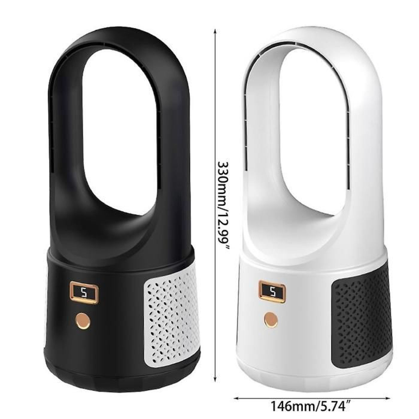 Ein schwarzer und ein weißer lüfterloser Ventilator nebeneinander. Maße sind angegeben.