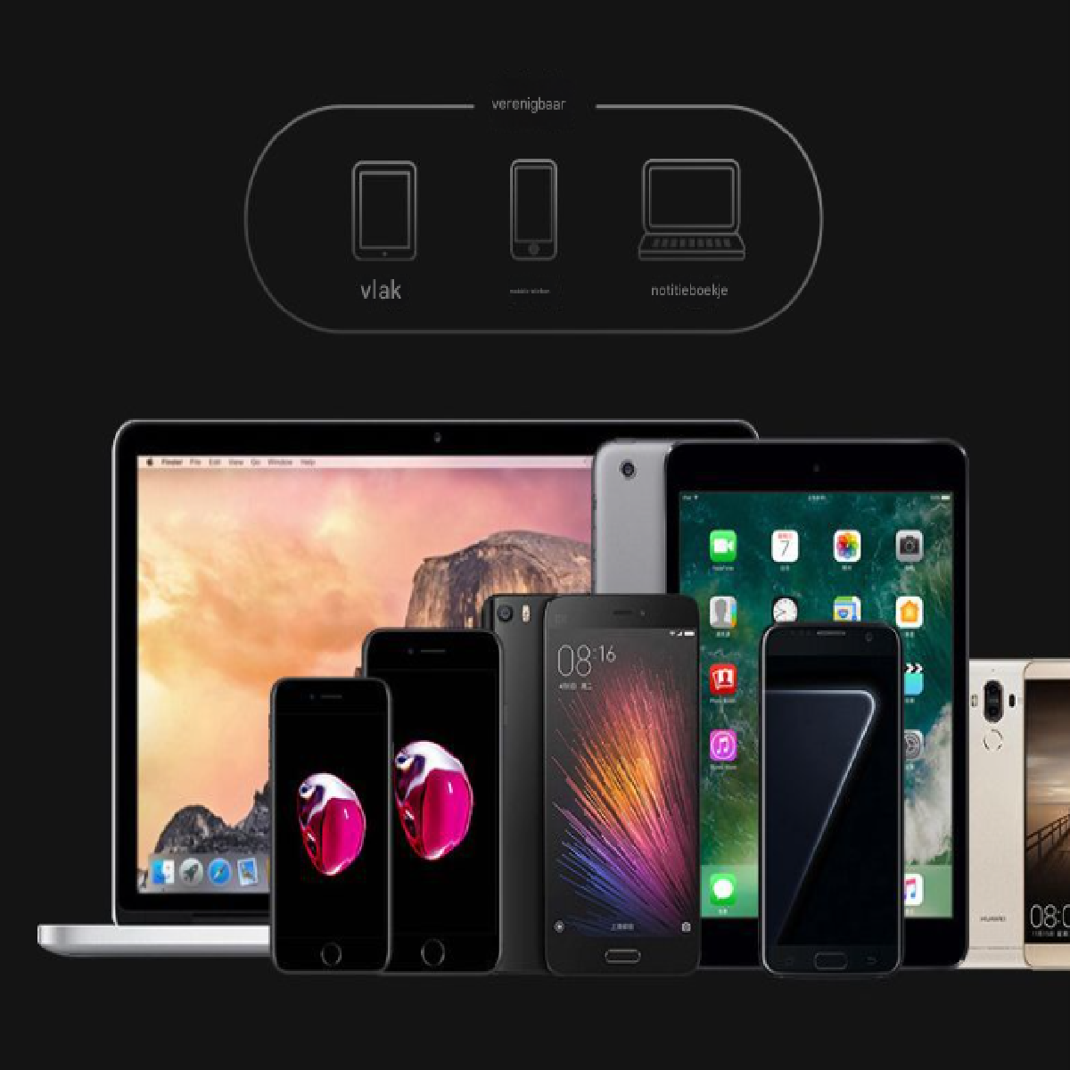 Eine Anordnung von Smartphones, Tablets und einem Laptop mit digitalen Anzeigen.